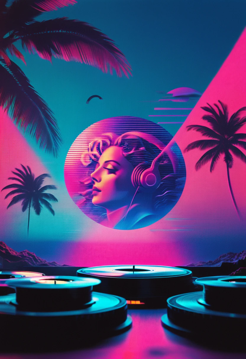 vinyl records,Vaporwave Aesthetic style, synthwave,