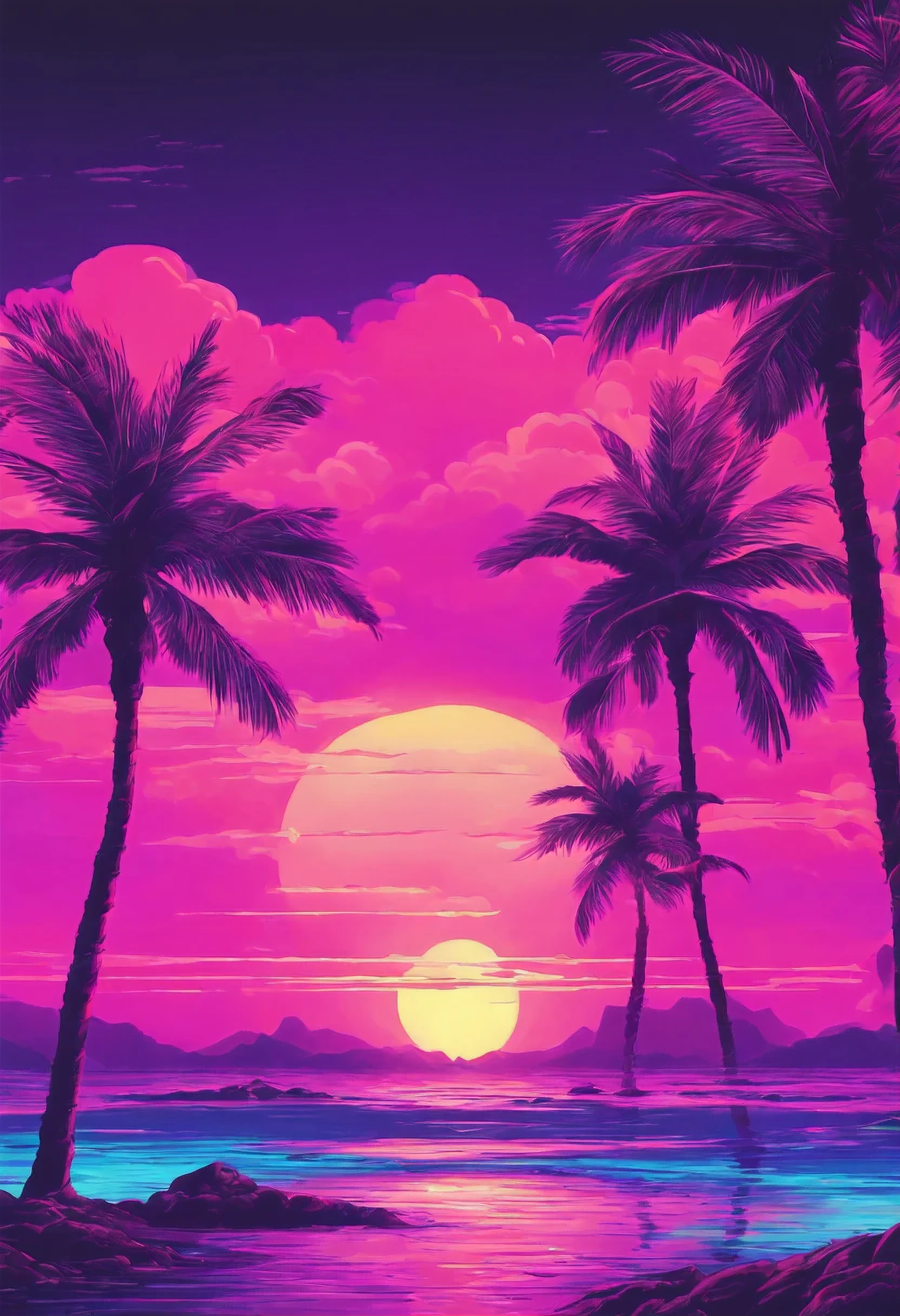 close-up of purple pink and blue sunset over the sea on the left beach palm trees ,clouds above the sun, sketchy style,  Vaporwave Lighting Style, vaporwave wallpaper environment, neon synth wave, vaporwave sunrise background, neon landscape, retrowave vibrations, retro wave vibrations, retro pink synthwave style, synthwave background, The aesthetic is synthwave, [art style synthwave 8k]!!