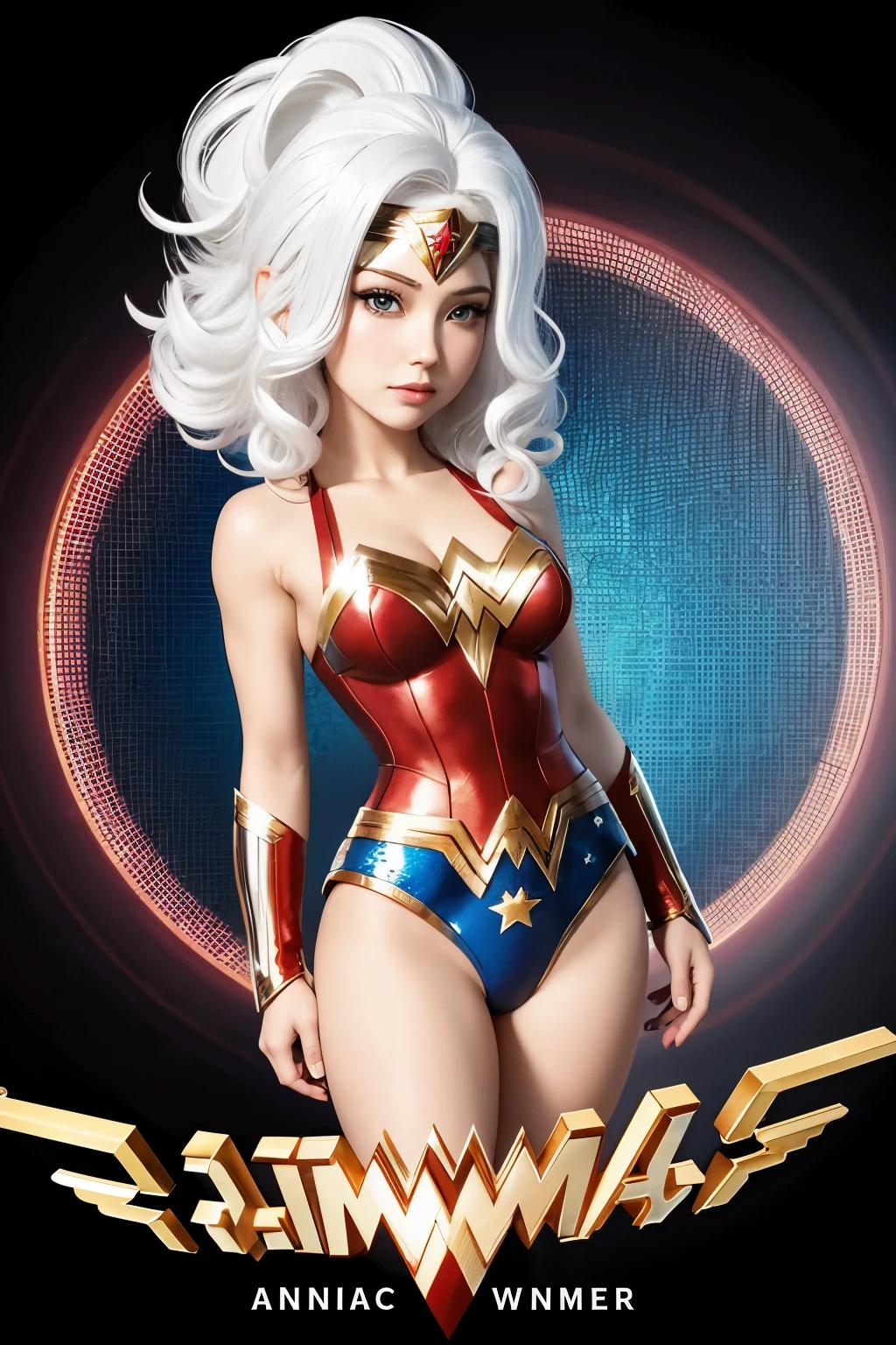 Imagen ai art latin chibi Wonder Woman with white hair, curly, and in the background a text "ERICA" en 3d, typography, illustration