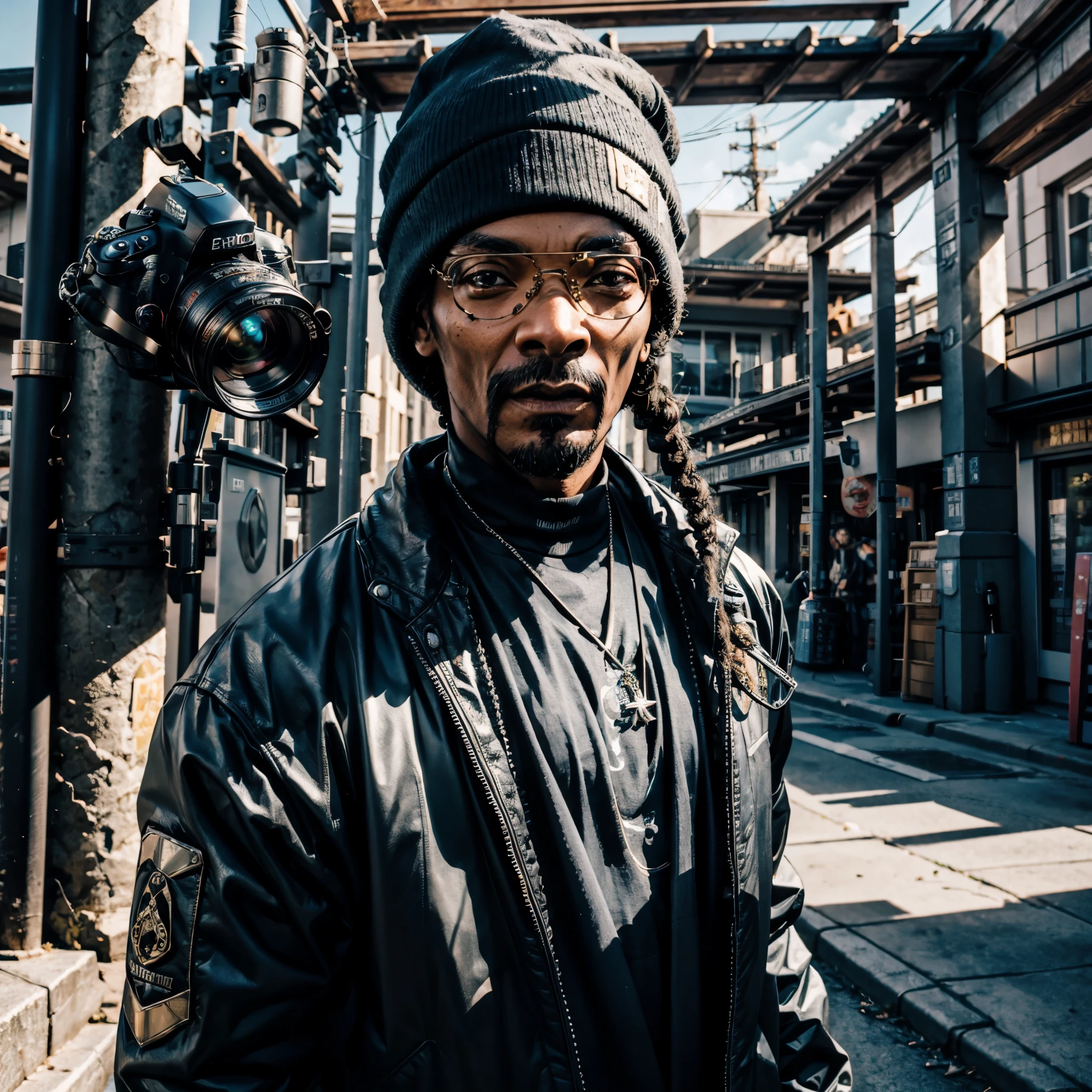 Snoop Dogg, Dreads epic eyes looking a viewer, white cap,black leather jacket,sun safety glasses, Posing, exteriors, portrait photography, ultradetailed, Will-o'-the-wisp dazzling Symmetrical optimal sunLight meticulously intricate ultra_high-details ultra_high-res hyper pro-Photo-realistic ultra_high-quality ultra_high-def UHD XT3 DSLR HDR varied multi etc. --v 6 --s 1000 --c 20 --q 20 --chaos 100