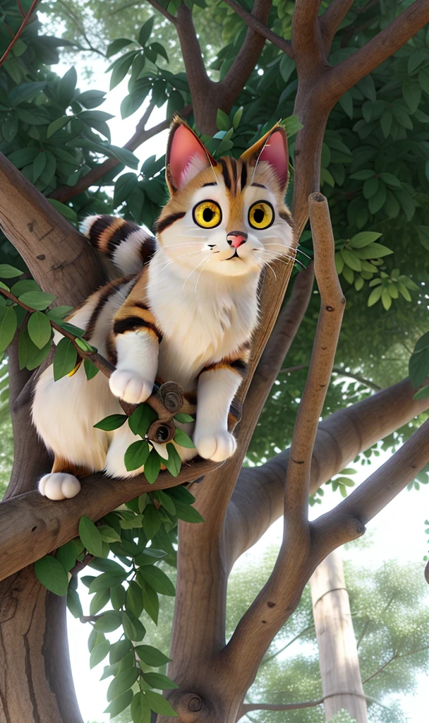 a furry cat with yellow eyes climbing a tree