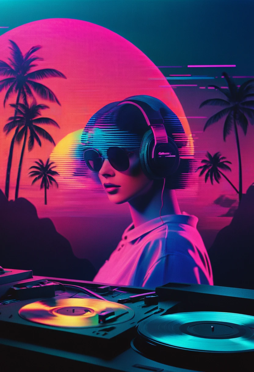 vinyl records,Vaporwave Aesthetic style, synthwave,