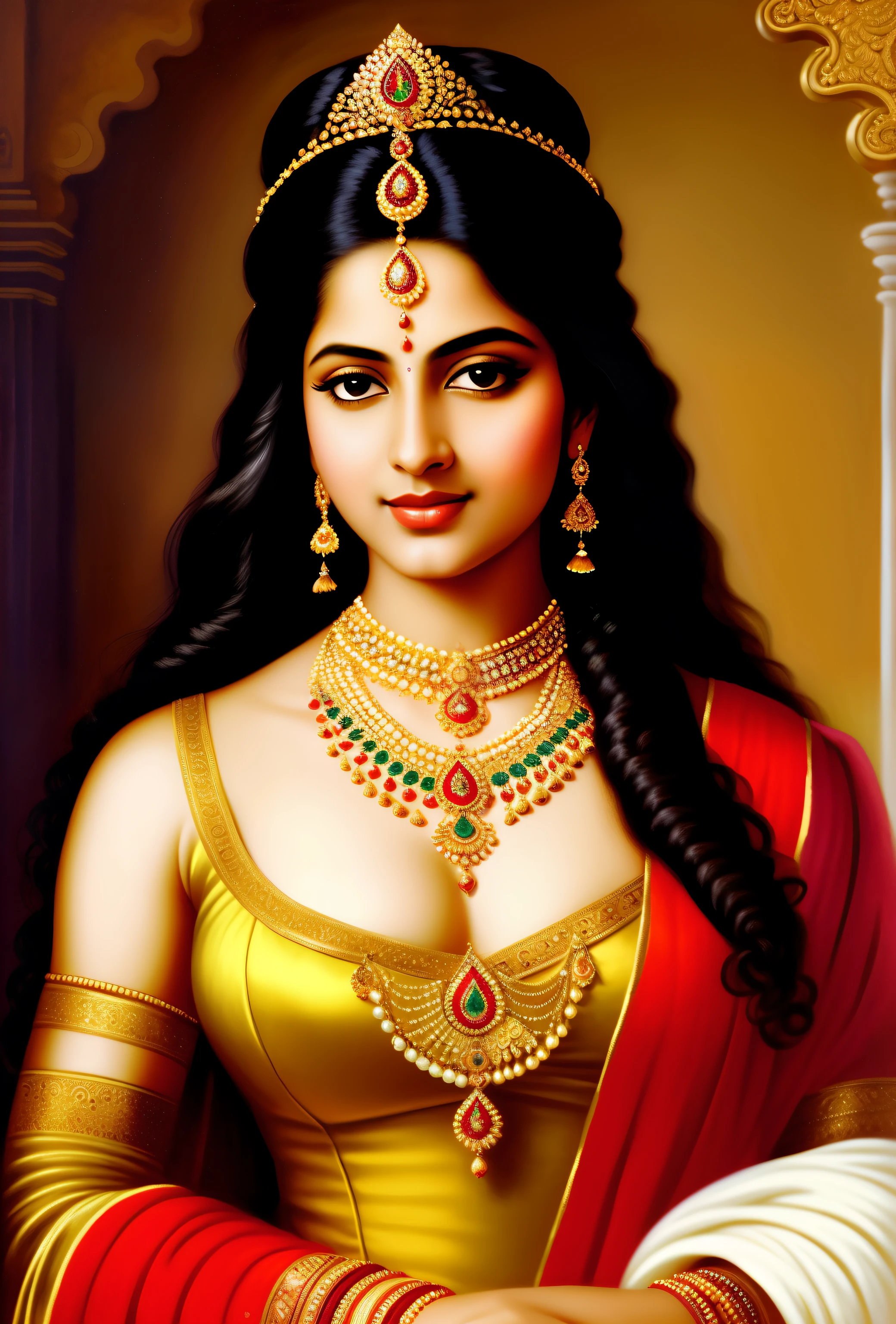 Indian style painting, 19th century art, Peter Paul Rubens style, painting of a woman in a gold dress and a necklace, beautiful maiden, portrait of a beautiful goddess, inspired by Raja Ravi Varma, beautiful goddess, indian goddess, gorgeous woman, beautiful character painting, fantasy woman, a stunning portrait of a goddess, persian princess, goddess. extremely high detail, persian queen, a beautiful woman warrior, beautiful fantasy maiden