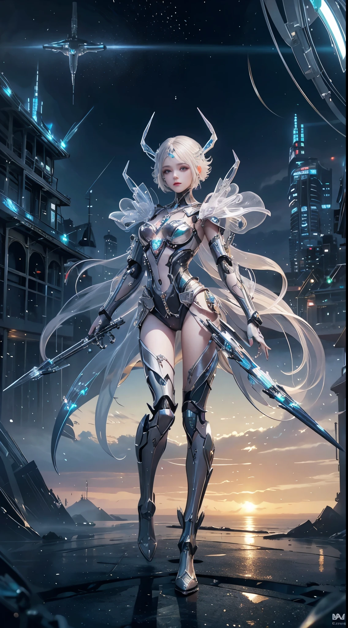 Translucent ethereal mechanical girl，Futuristic girl，Mechanical joint，Future city background