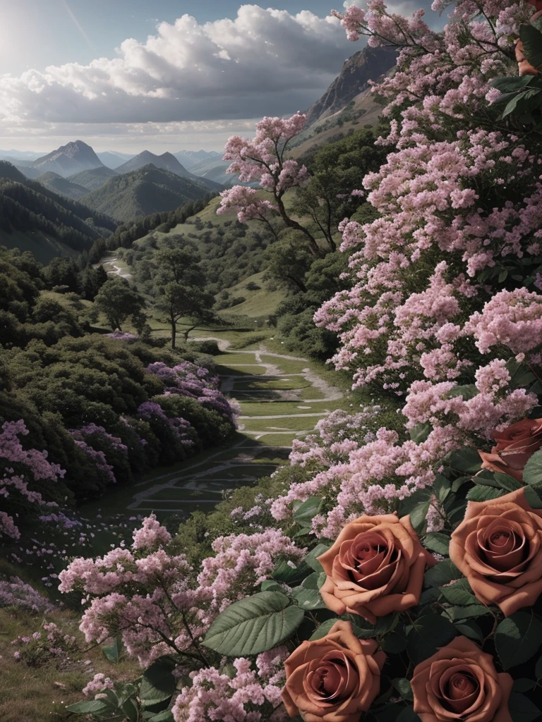 There are many pink roses growing on the mountainside, Beautiful art ultra hd 4k, 4k highly detailed photos, wallpaper, 8k high quality detailed art, Stunning works of art, beautiful aesthetic,masterpiece, 16k, high details, super detail
