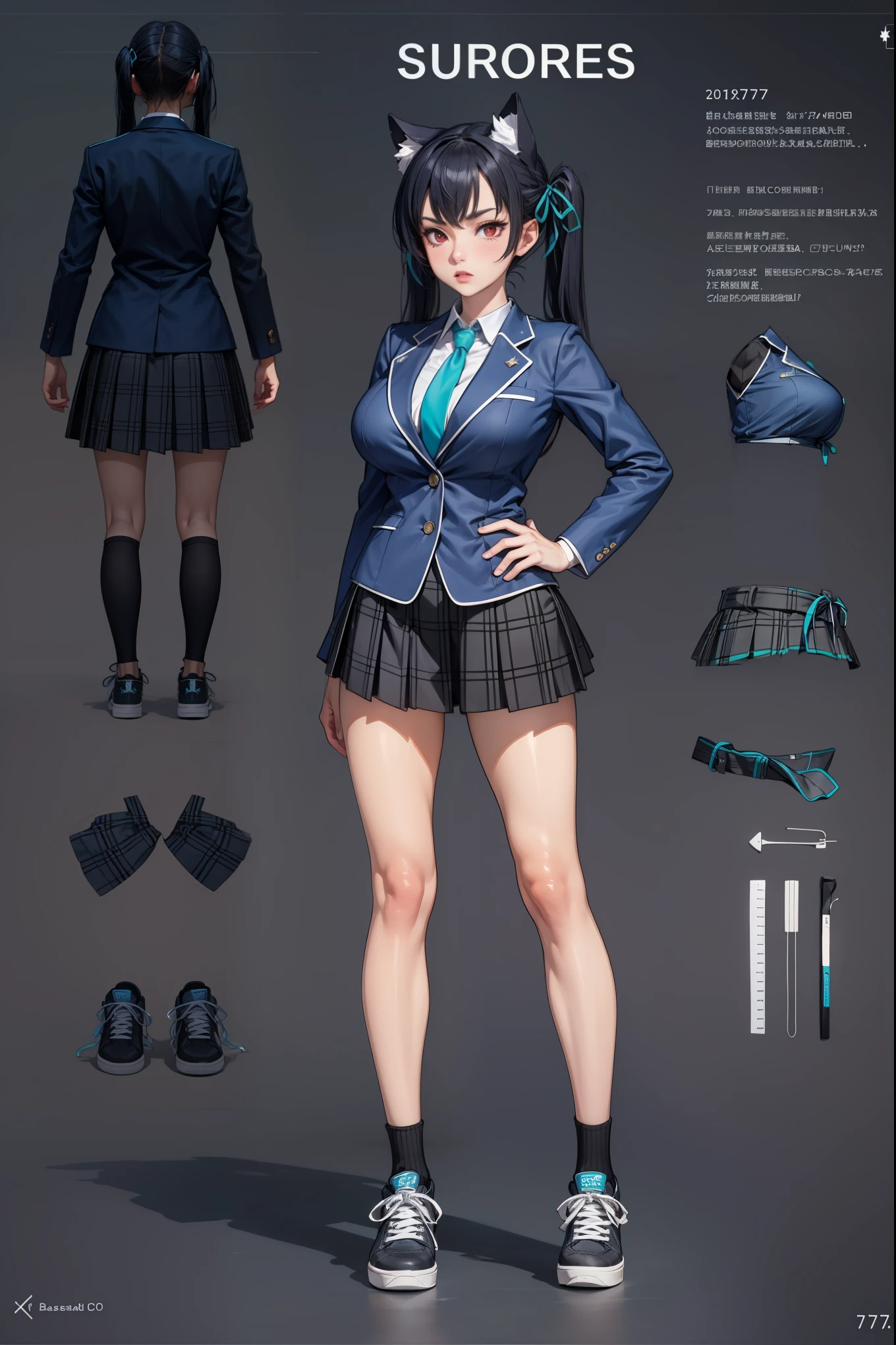 girl, solo, full body, from head to toe, standing, (Huge_Breasts:1.3), beautiful body, perfect body, nice body,

((Character Design Sheet:1.7, character reference sheet:1.7,)),

baserika, twintails, long hair, hair ribbon, red eyes, collared shirt, blue necktie, blazer, plaid skirt, bike shorts, shorts under skirt, sneakers