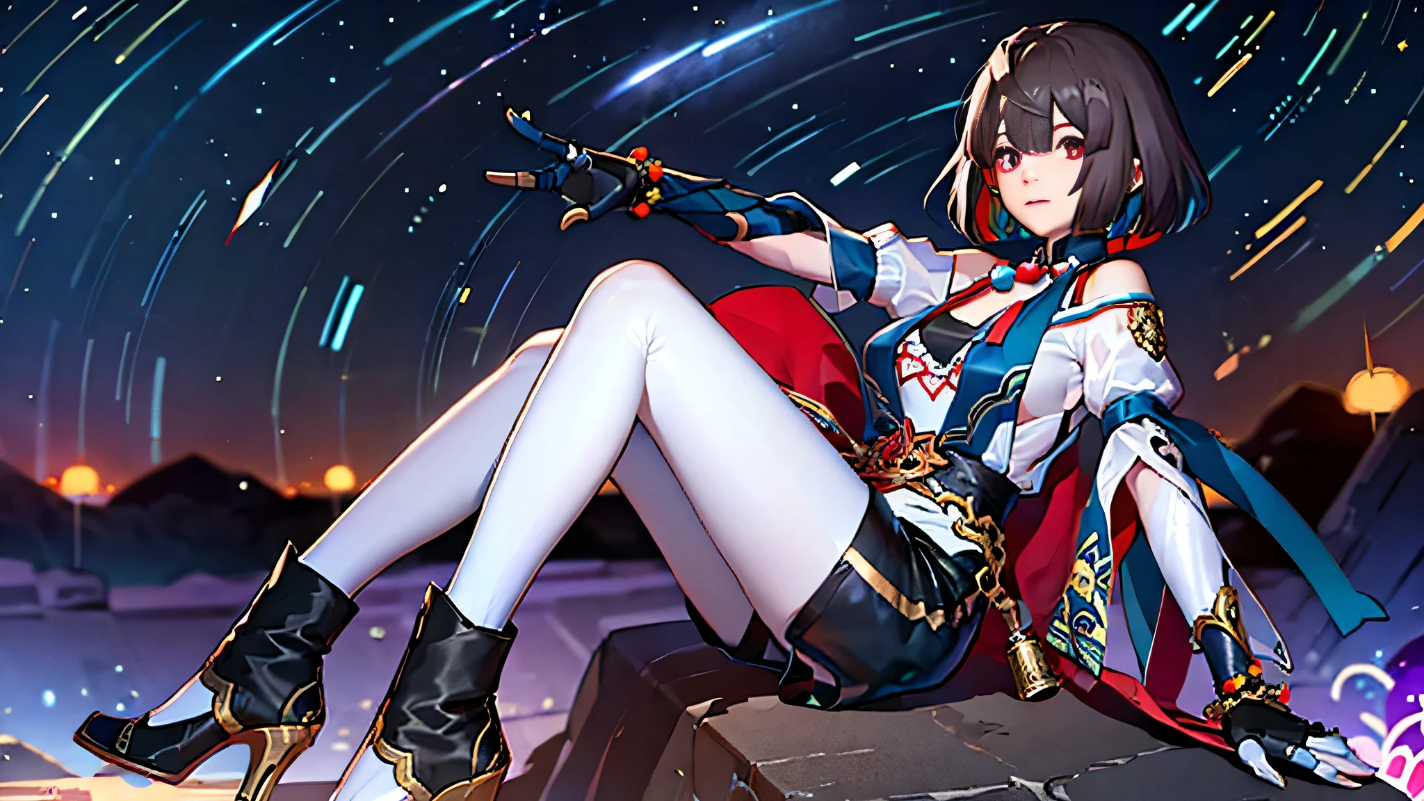 1 girl, Xueyi \(honkai: Star Orbit道\), jersey, Talon Gauntlets, bead necklace, white pantyhose, snow suit\（honkai：Star Orbit\）,jersey,high-heel boots, Bead chain white tights,off-the-shoulder shirts,pelvic curtain,high waist,shawl,thigh strap,black shorts