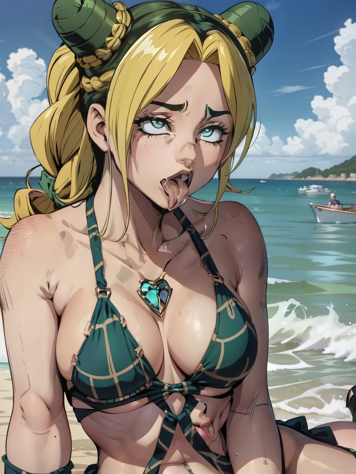 Jolyne, micro bikini, (((gigant breasts))), (((sticking out tongue)))