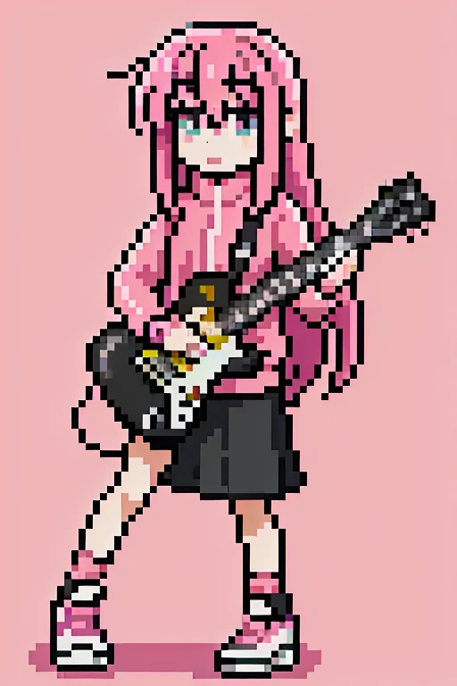 1 girl, pink hair,whole body, Pixel World, No background、holding a black electric guitar、wear sneakers