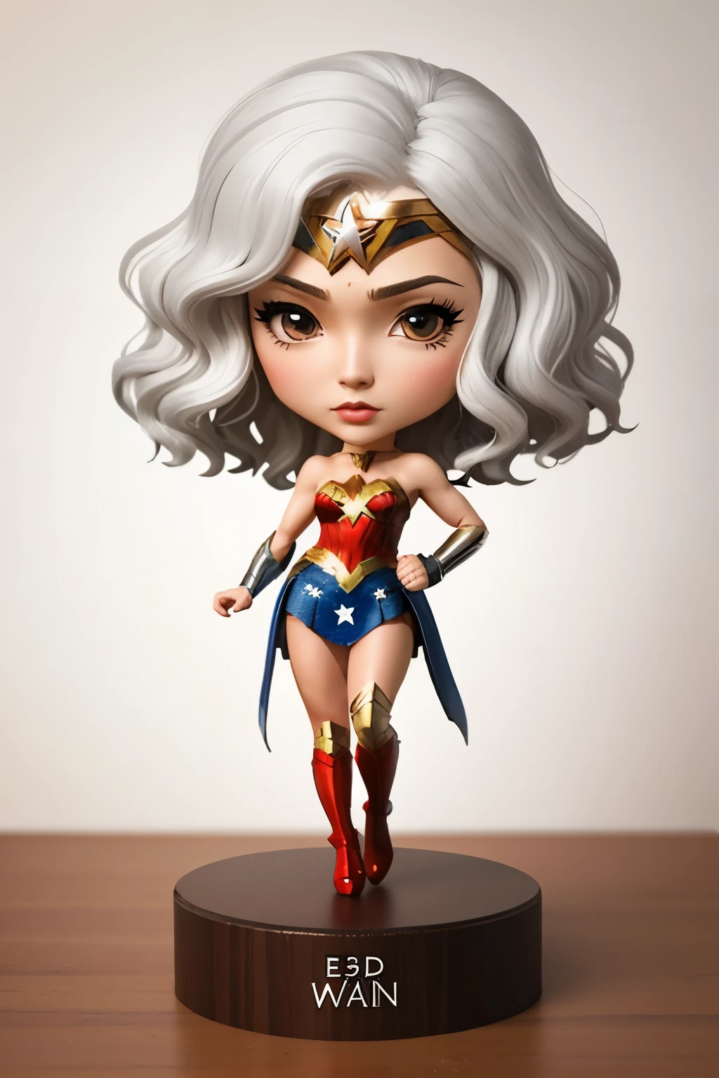 Imagen ai art latin chibi Wonder Woman with white hair, curly, and in the background a text "ERICA" en 3d, typography, illustration