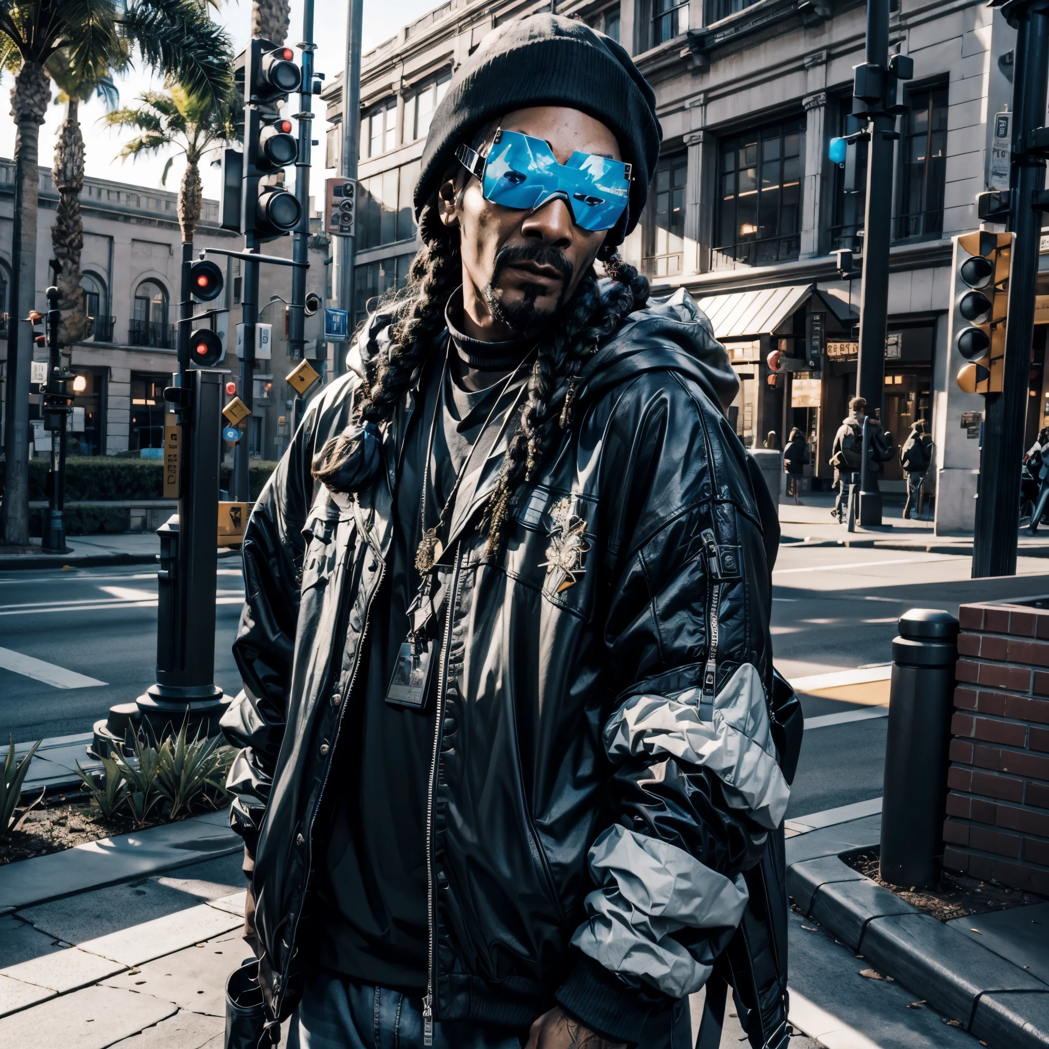 Snoop Dogg, Dreads epic eyes looking a viewer, white cap,black leather jacket,sun safety glasses, Posing, exteriors, portrait photography, ultradetailed, Will-o'-the-wisp dazzling Symmetrical optimal sunLight meticulously intricate ultra_high-details ultra_high-res hyper pro-Photo-realistic ultra_high-quality ultra_high-def UHD XT3 DSLR HDR varied multi etc. --v 6 --s 1000 --c 20 --q 20 --chaos 100