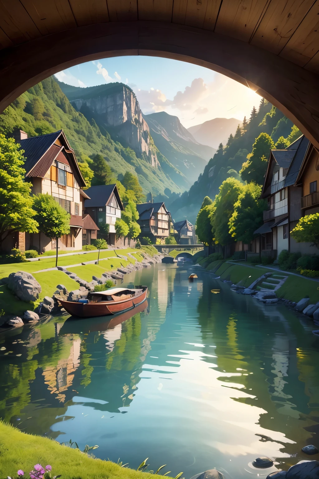 Beautiful landscape with houses:
Amidst a picturesque tableau of verdant hills and sparkling waters, quaint dwellings punctuate the tranquil scene. Their vividly hued facades reflect the warm glow of setting sun, casting elongated shadows that crept over the undulating terrain. The houses, each adorned with unique architectural flourishes, exuded an irresistible charm, drawing the viewer deeper into the idyllic world.