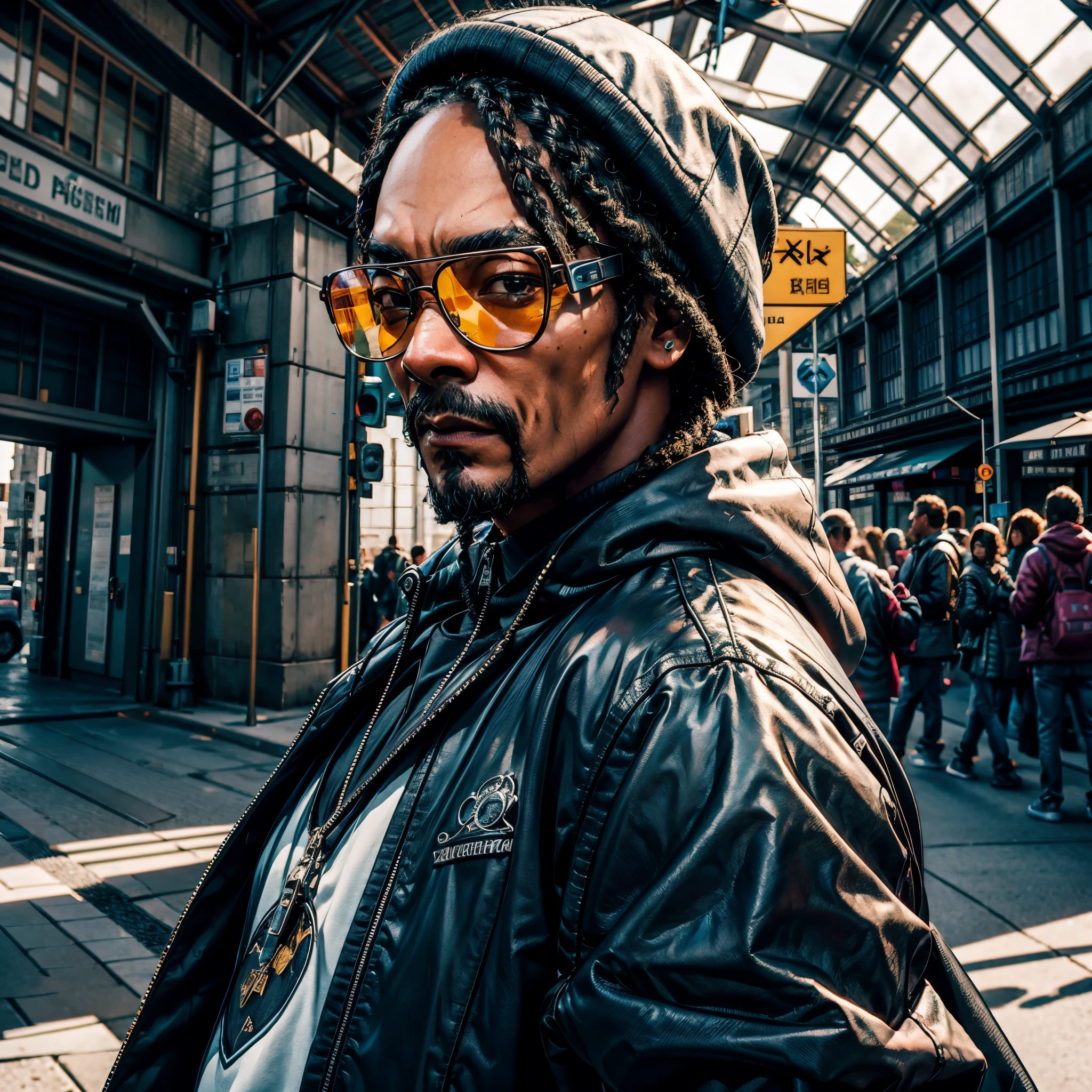 Snoop Dogg, Dreads epic eyes looking a viewer, white cap,black leather jacket,sun safety glasses, Posing, exteriors, portrait photography, ultradetailed, Will-o'-the-wisp dazzling Symmetrical optimal sunLight meticulously intricate ultra_high-details ultra_high-res hyper pro-Photo-realistic ultra_high-quality ultra_high-def UHD XT3 DSLR HDR varied multi etc. --v 6 --s 1000 --c 20 --q 20 --chaos 100