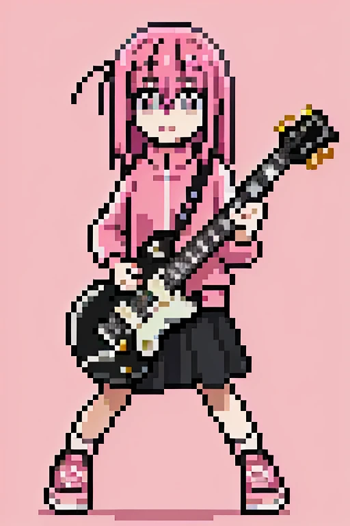 1 girl, pink hair,whole body, Pixel World, No background、holding a black electric guitar、wear sneakers