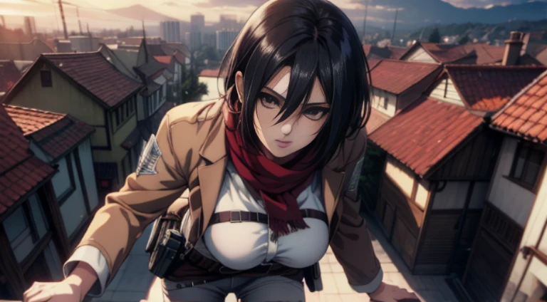 Frame from below, Photo below, view from bottom, Sexy, Erotica, Nudie, sexypose, combat stance, half naked, shirt unbuttoned, Hesitate, Erotica, Super Epic Composition, aot style, Shingeki no Kyojin, mikasa ackerman, 1girl, in full height (Body Full 1.1), Hand strap, quiff, black hair, Black pants, 가슴, Average Breasts, green colored eyes, Hair between the eyes, turnstile, long sleeves, looks at the viewer, Average Breasts,, breeches, red scarf, a scarf, Shirt, Short Hair Hair, Roof of the city, roof, Sun, In the air, Holds blades in his hands, jump, Smoke, 独奏, hip belt, white shirt, Scientific Research Building \(Emblem\), ((tmasterpiece)), beste-Qualit, Sex, hooligan, waist, legsupms, buttocks, 가슴, (Body Full 1.1), Camera from above, Frame from above, the night, Lights, looks at the viewer, ssmile, grin, criminal, laughting, Cool anime 8K, Clean and detailed anime art, 4K Manga Wallpapers, Подробный портрет Anime Girl, Anime 4K Style, Anime Art Wallpapers 4K, Anime Art Wallpaper 4K Masterpiece, Gorgeous, Best Quality,