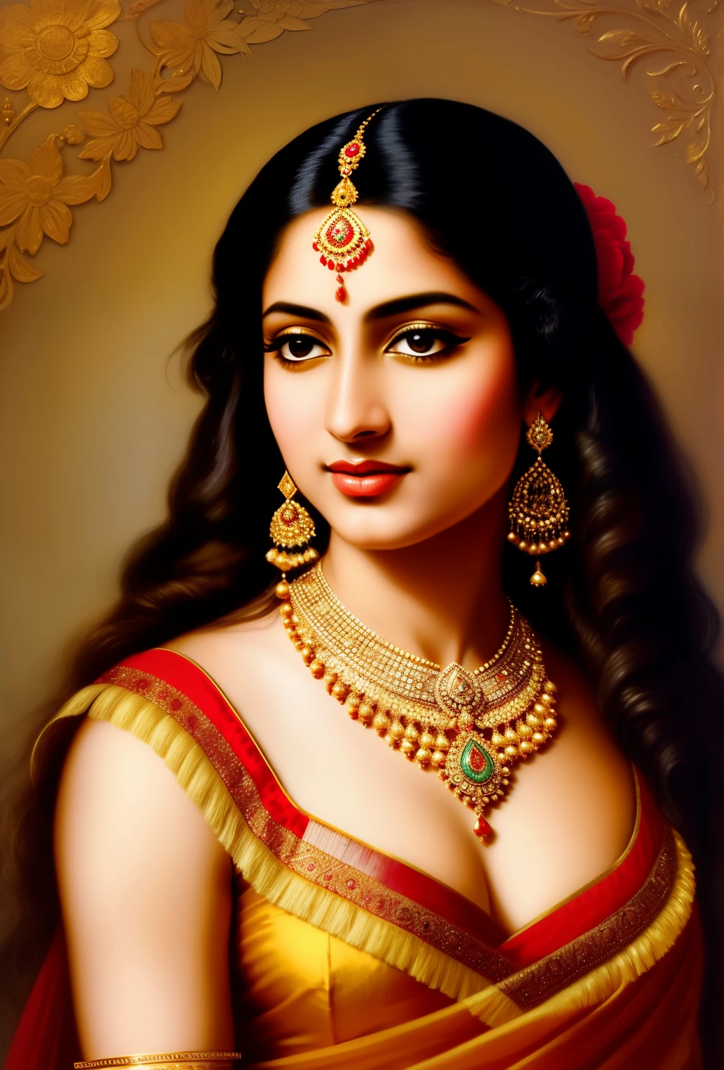 Indian style painting, 19th century art, Peter Paul Rubens style, painting of a woman in a gold dress and a necklace, beautiful maiden, portrait of a beautiful goddess, inspired by Raja Ravi Varma, beautiful goddess, indian goddess, gorgeous woman, beautiful character painting, fantasy woman, a stunning portrait of a goddess, persian princess, goddess. extremely high detail, persian queen, a beautiful woman warrior, beautiful fantasy maiden