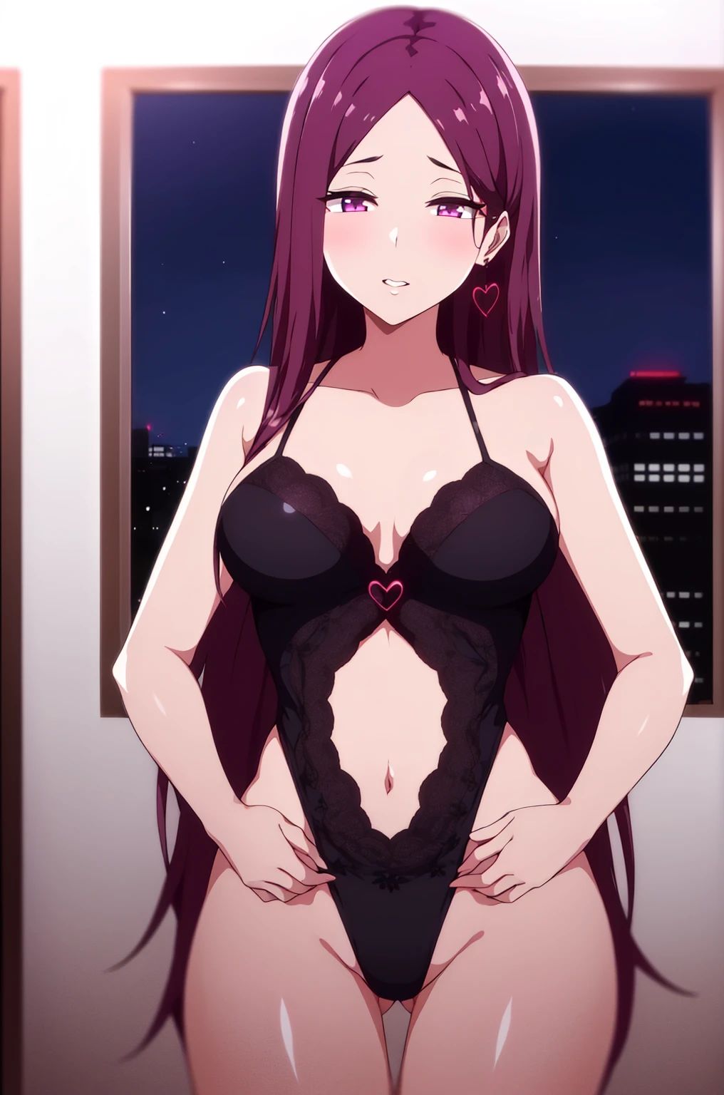 (noche:1.7), Japan, tokio, Vista de la ciudad, Antes de la ventana,
standing at attention,
black lingerie, escote ,
heart, joyas,pendientes,
cabello purpura,pelo largo,golpes,
1 chica, 20 years,hembra joven,hermoso Finger,hermoso long legs,hermoso Cuerpo,hermoso Nose,hermoso character design, ojos perfectos, perfect rostro,ojos expresivos, NSFW
mirando al espectador, en el centro de la imagen,(superior_Cuerpo),(Focus on her rostro),
Arte oficial,Fondo de pantalla CG unity 8k extremadamente detallado, perfect lighting,vistoso, brillante_frente_rostro_Encendiendo,piel brillante,
(obra maestra:1.0),(mejor_calidad:1.0), ultra high resolution,4k,ultra detallado,
Photography, 8k, HDR, high resolution, absurdos:1.2, Kodak retrato 400, film grain, fondo borroso, bokeh:1.2, Destello de lente, (vibrante_color:1.2)
(hermoso,Grande_senos:1.0), (hermoso_rostro:1.5),(angosto_cintura),