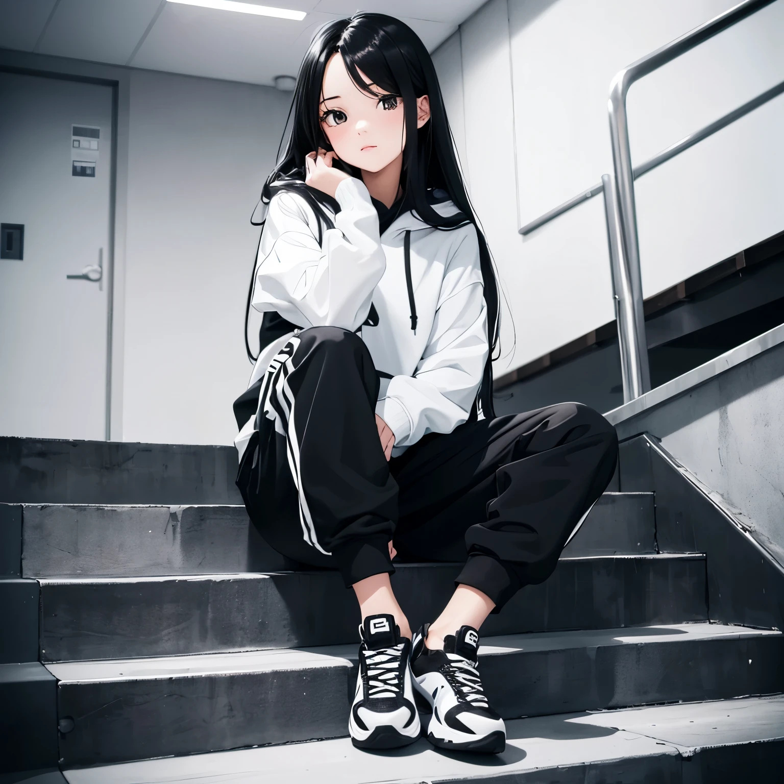 A beautiful and cute girl, long black hair, black and white hoodie, trousers, sneakers, decent, tall, sit, stairs