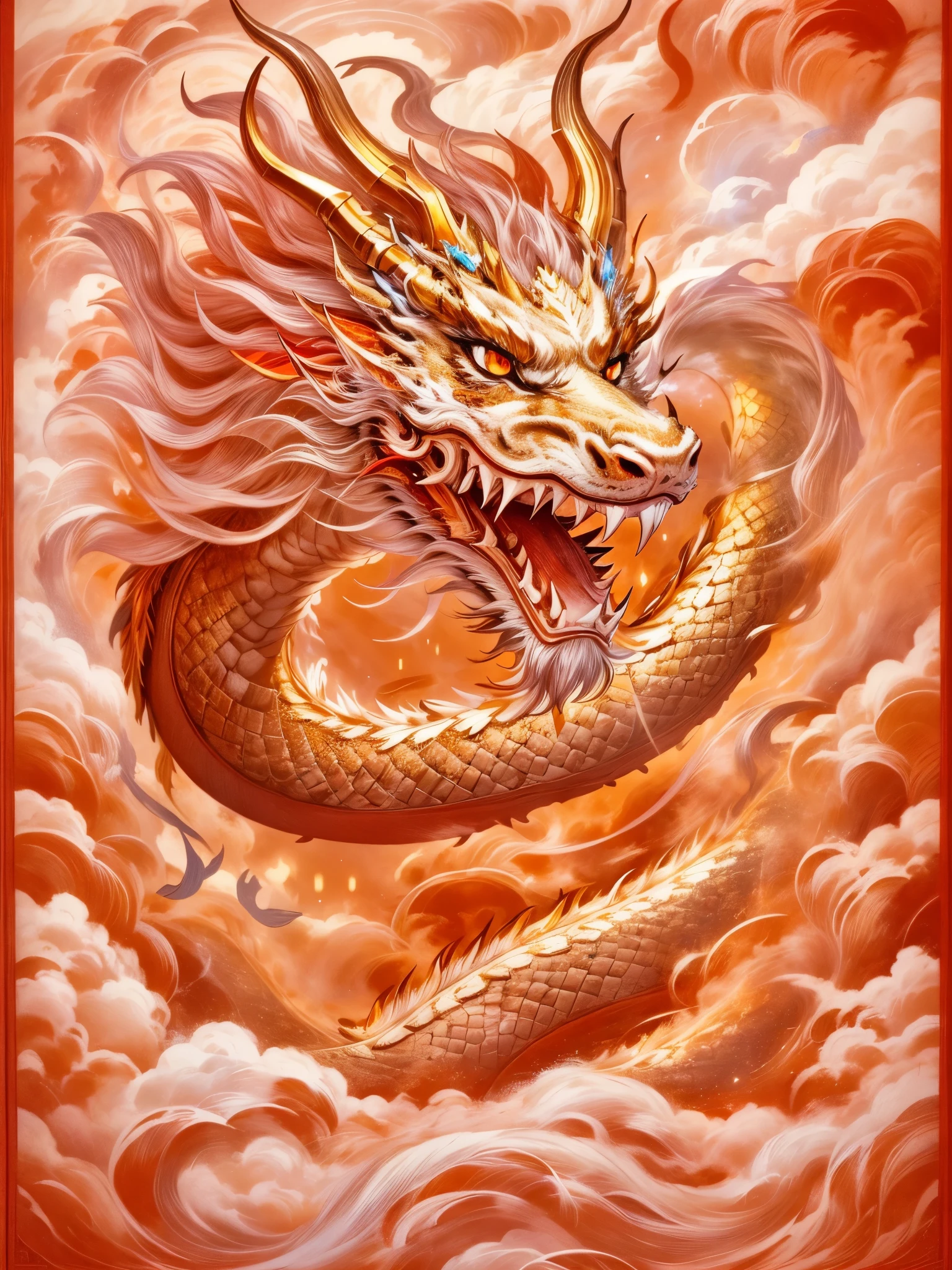 balgaviin white gold chinese dragon Kongming lantern, in the style of emphasis on negative space, light red and gold, graphic novel inspired illustrations, close up intensity, silkscreening, political illustration, iconic album covers，solo,龙嘴，龙爪，四肢