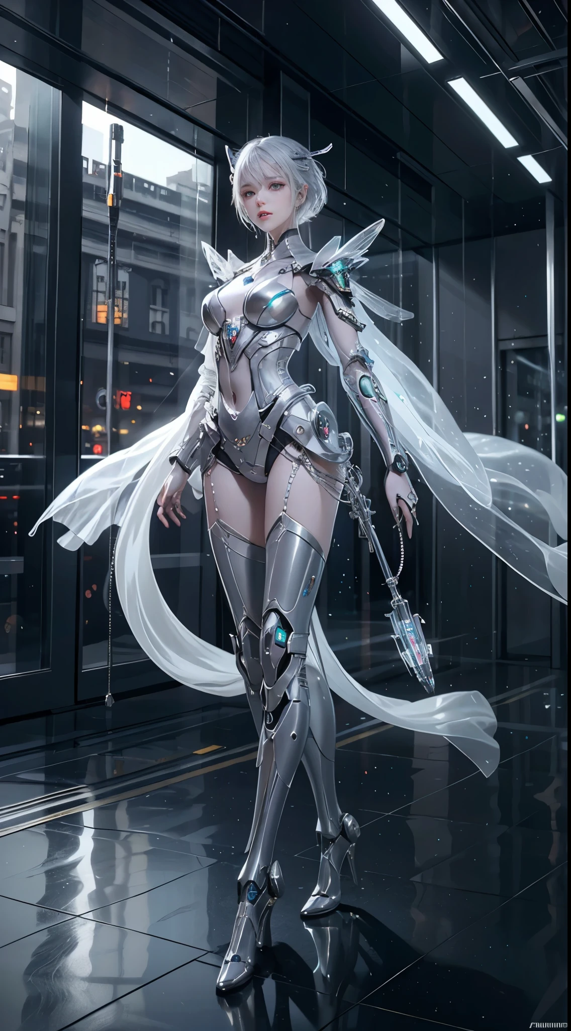 Translucent ethereal mechanical girl，Futuristic girl，Mechanical joint，Future city background