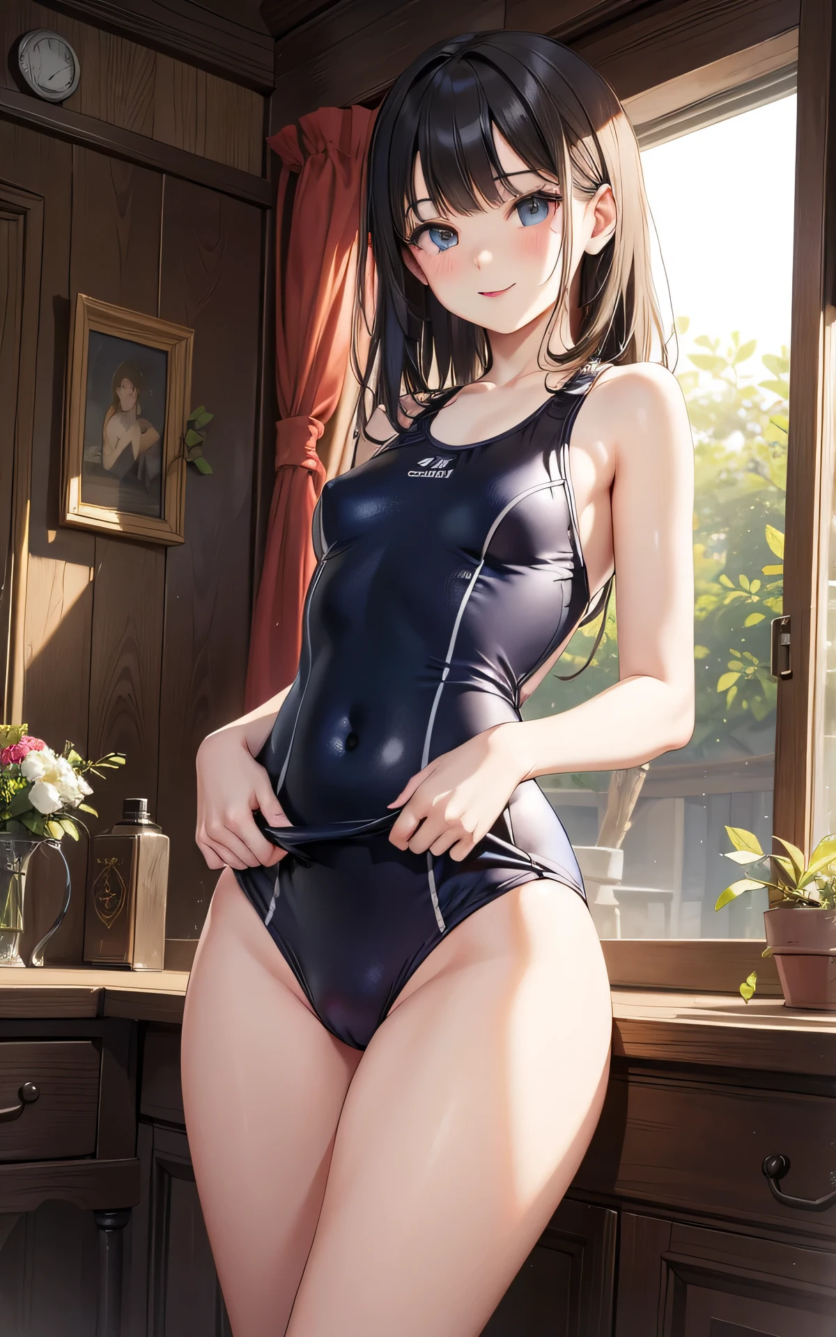 absurderes、detailed hair、Flat Lighting、sexy pose、best quality、intricate detailed、Hyperrealistic、perspective, highly detailed, detailed background, illustration、、1 girl、((old school swimsuit)), body shape、small breasts、smile,
