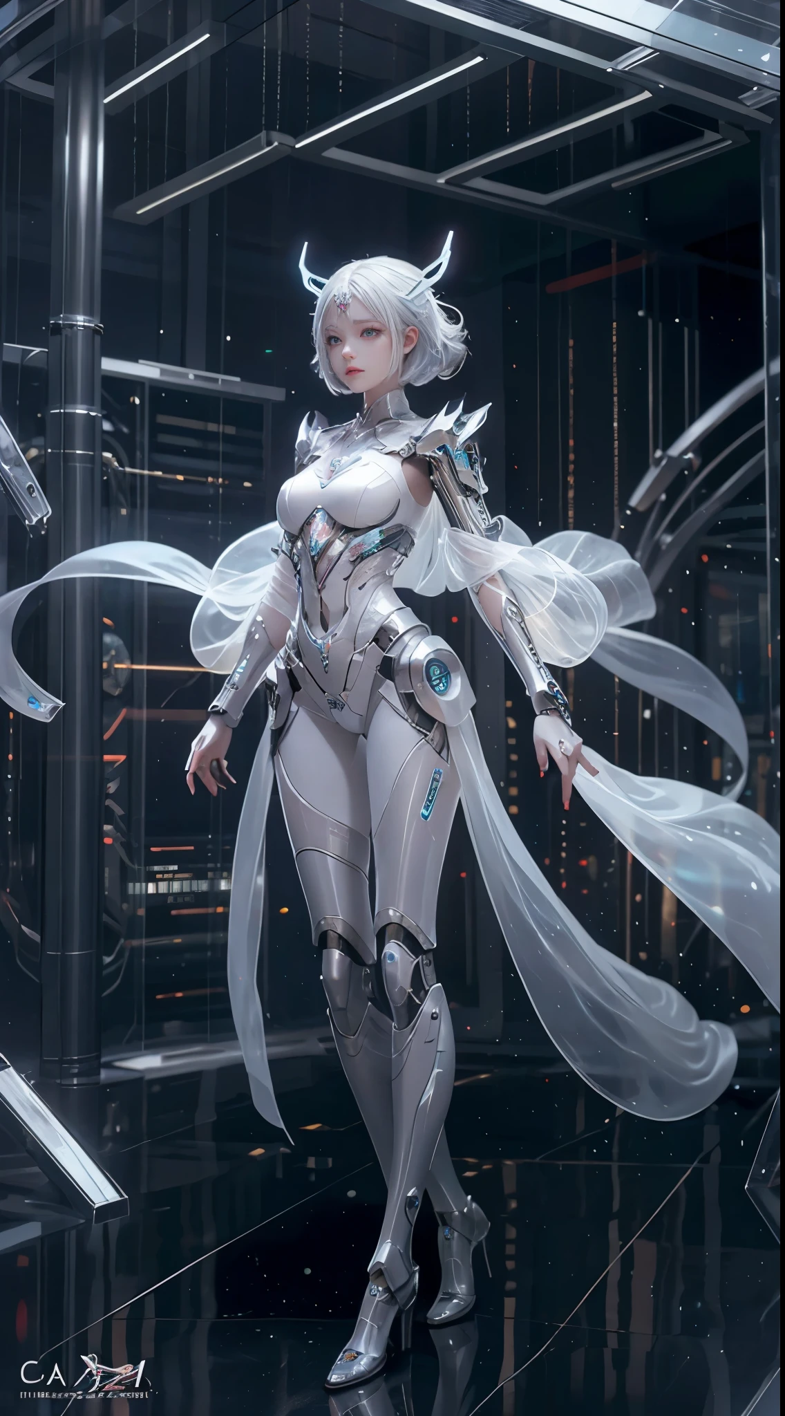 Translucent ethereal mechanical girl,Futuristic girl,Mechanical joint,Future city background