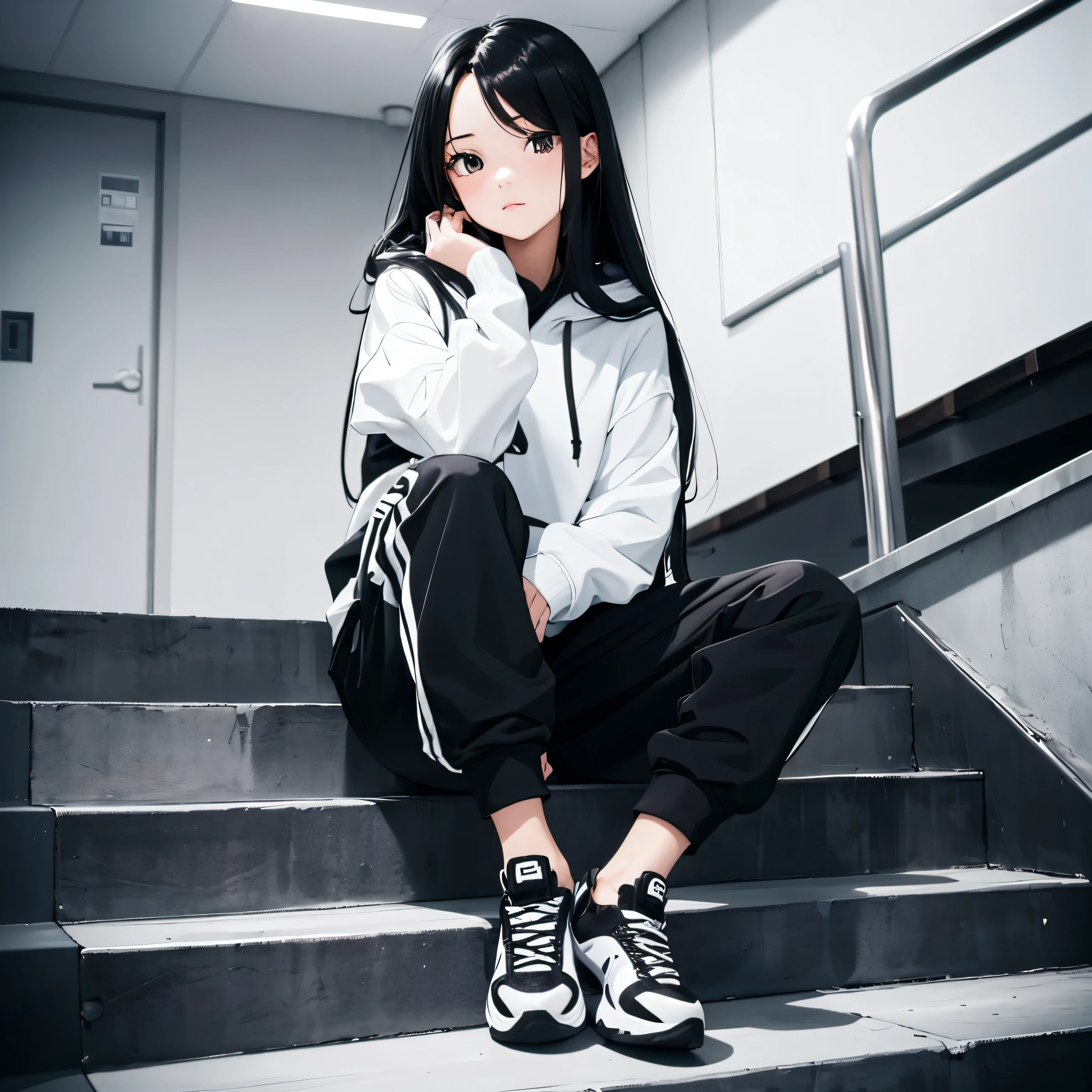 A beautiful and cute girl, long black hair, black and white hoodie, trousers, sneakers, decent, tall, sit, stairs