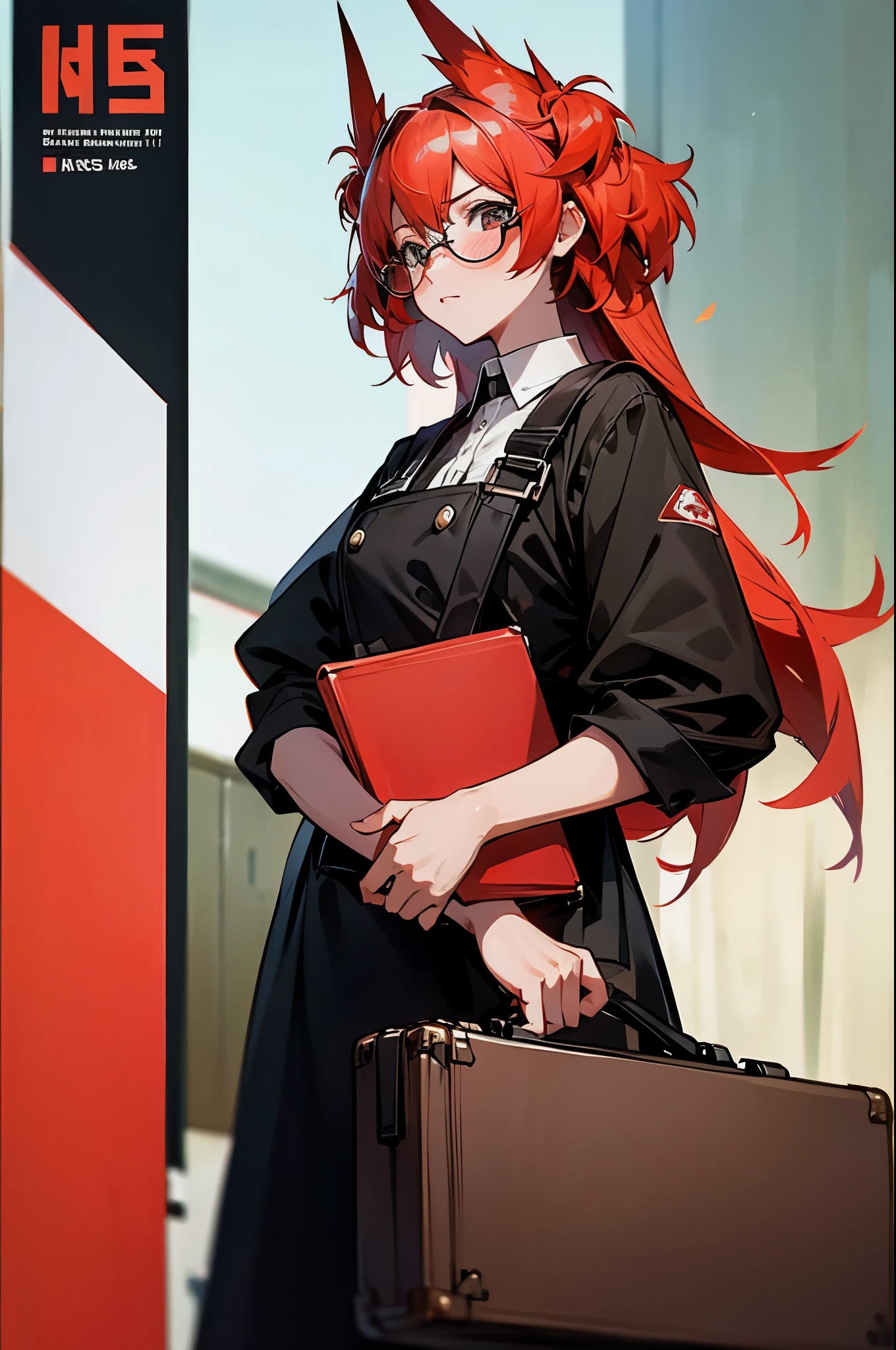 Girl with red hair,on the street,with people coming and going,Carrying a briefcase,Square frame glasses,blush,cute,Black waiter clothing,Coveralls,poster,epic,