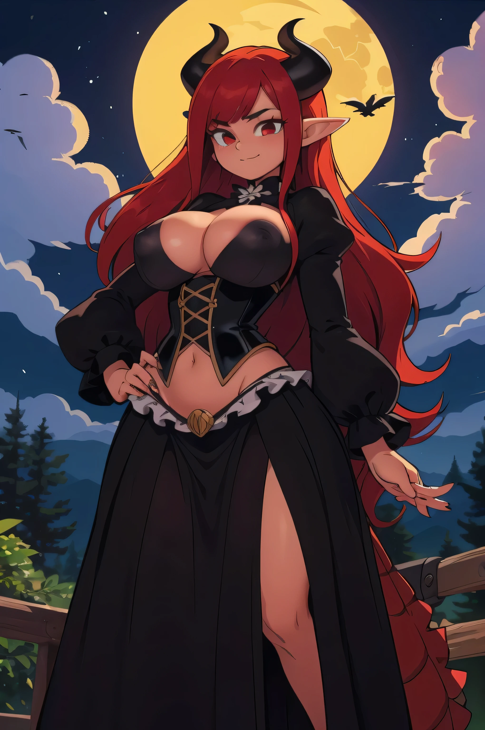 16K, HD, Highly Detailed, Professional, ((High Quality)), ((Masterpiece: 0.3)), Erza_Scarlet_((FairyTail)), Close up, ((Anatomically correct)), 1 girl, (Demon_horns), Fair skin, Voluptuous, Sexy, Busty, Curvy waist, Nipples, (Long detailed cloak: 0.5), (((Very detailed (Hemlines) (floral pattern) long black (floral) revealing elagant gothic dress with {frills}, waist cincher corset and long puffy sleeves))), Alluring expression, (Very long detailed red hair), Brown eyes, Long elf ears, Highly detailed face, Highly Detailed Lips, Detailed Eyes, Female_demoness, (Simple shading, Vibrant colors, Thick lineart), {{{Dark lighting}}} ((Standing in a dense foresty area at (night) with the moon and clouds over head: 1.5)) (Soft light coming off of moon: 1.5), AGGA_ST009