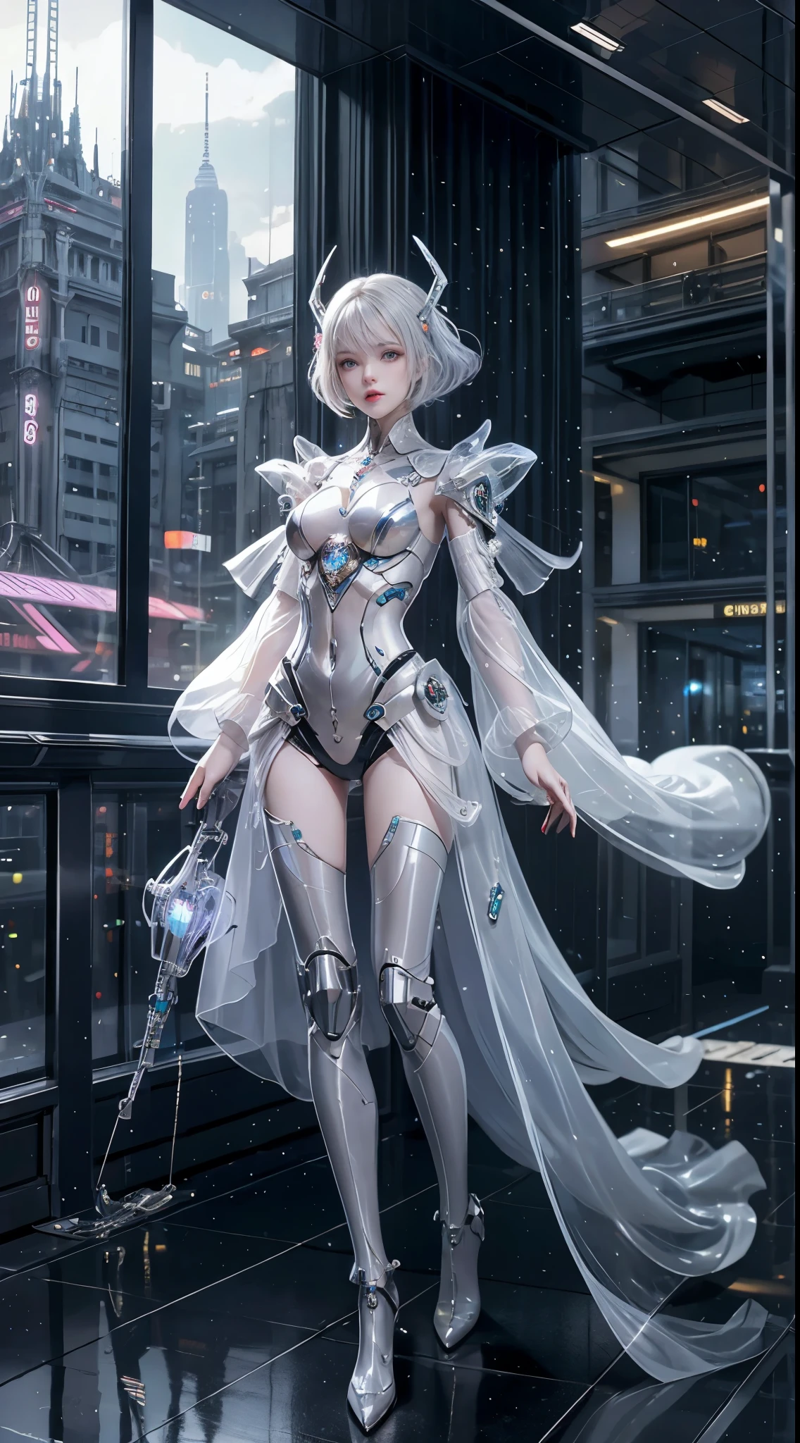 Translucent ethereal mechanical girl,Futuristic girl,Mechanical joint,Future city background