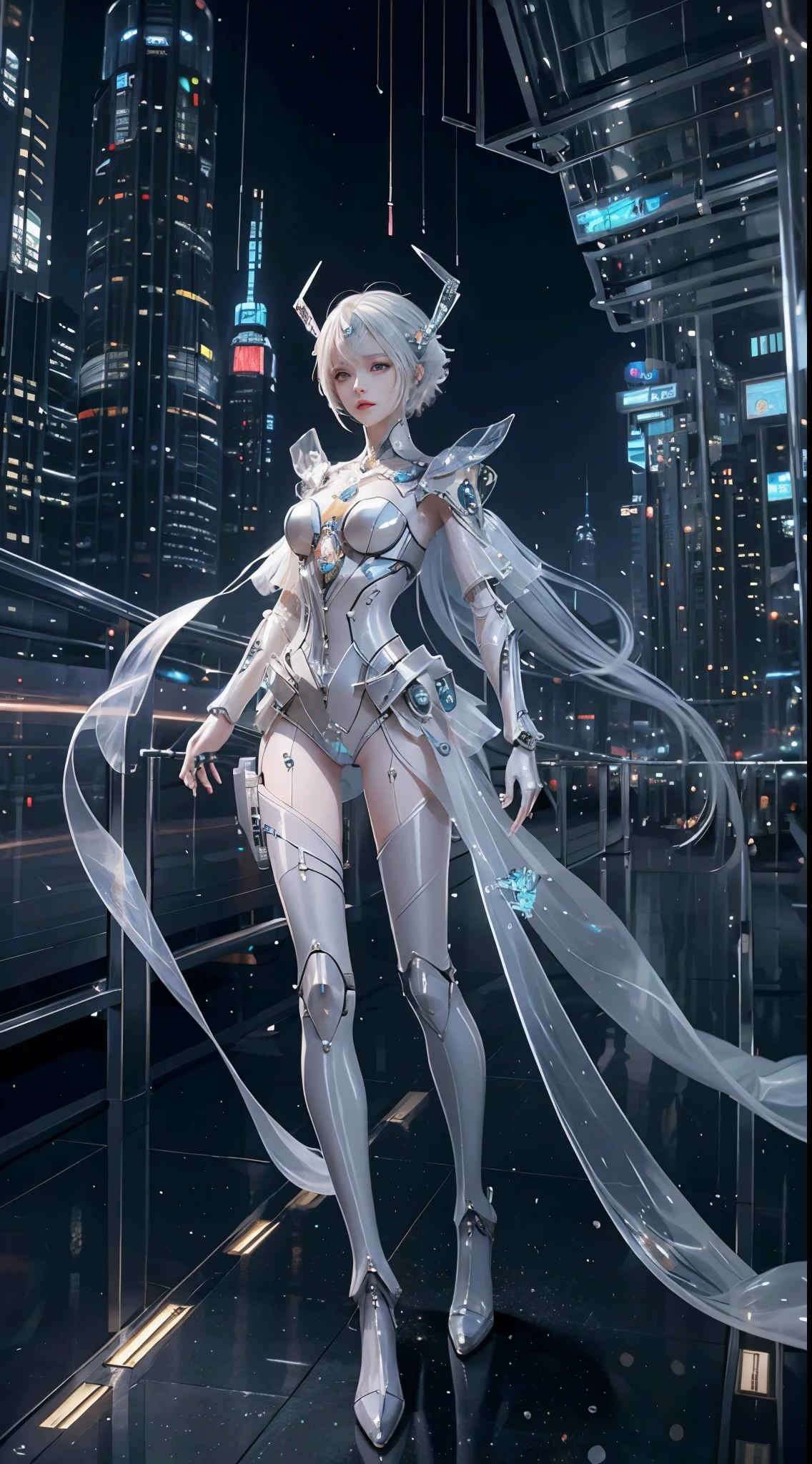 Translucent ethereal mechanical girl，Futuristic girl，Mechanical joint，Future city background