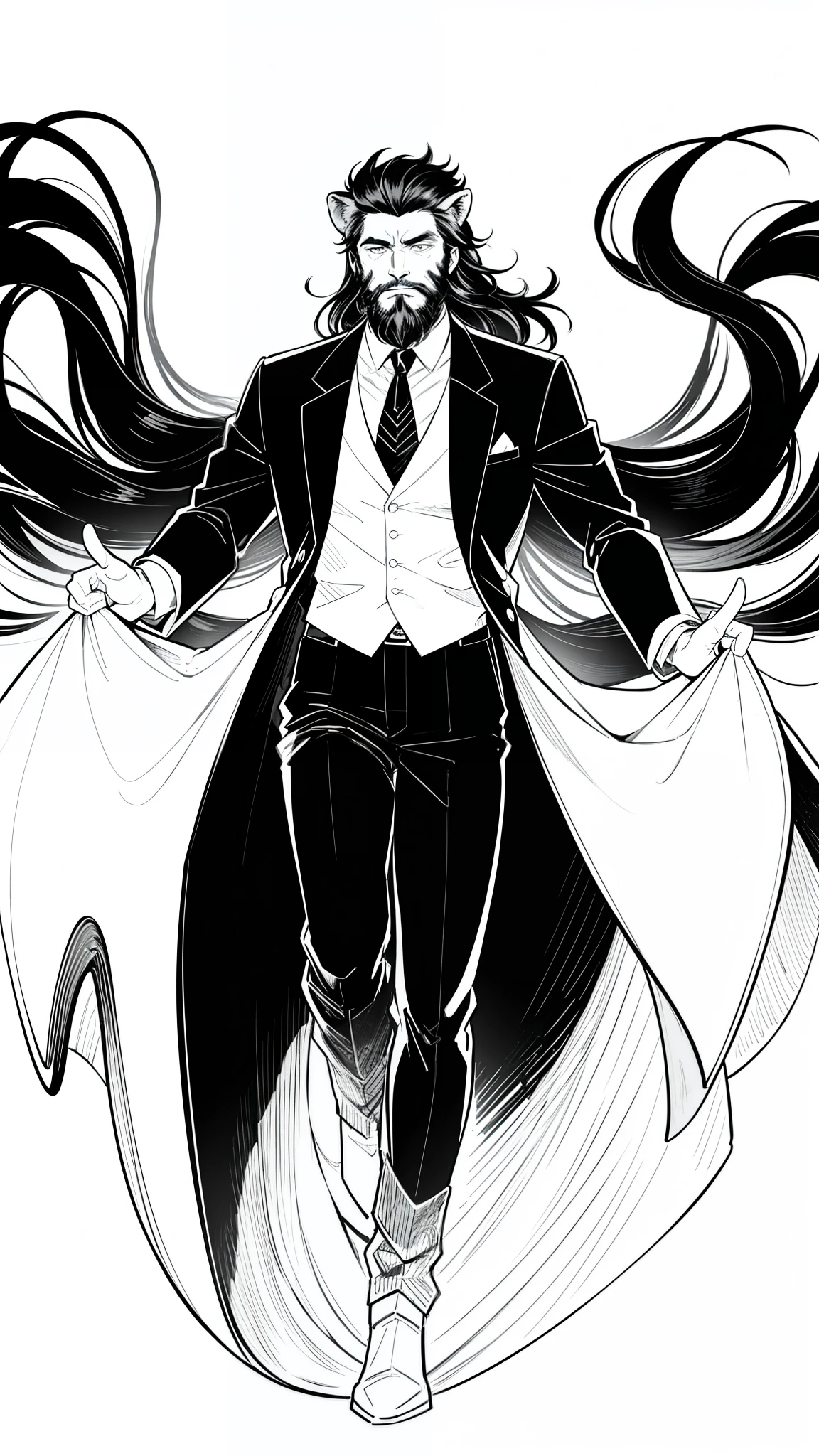 1Man,40s,solo,black blazer,long hair,(lion ears),black hair,beard,happy face,Lion's mane hair,(white background, line drawing),cowboy shot,