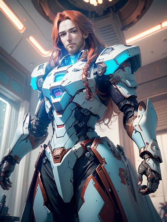 Photorealistic image ((Masterpiece)), ((high quality)) UHD 8K, of a beautiful, slim and realistic mecha transforming Robot, (medium chest), (skinny waist), (long red hair), (blue eyes), ((Hyper-realistic mecha armor, with red metal and intricate ice blue lights)), (in combat position, in a futuristic ship, science fiction