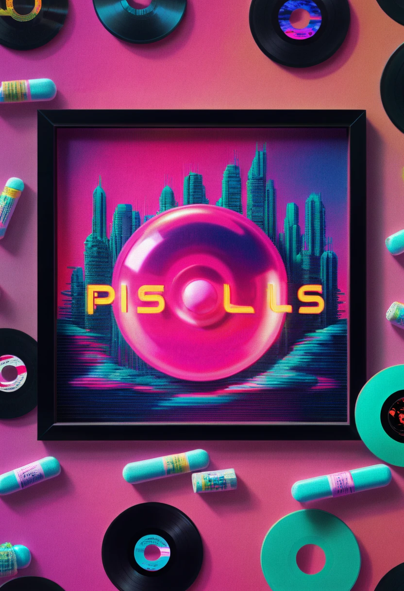 Framed, capsuled, pils, ?????, medicine,80's, vinyl records,Vaporwave Aesthetic style, synthwave,