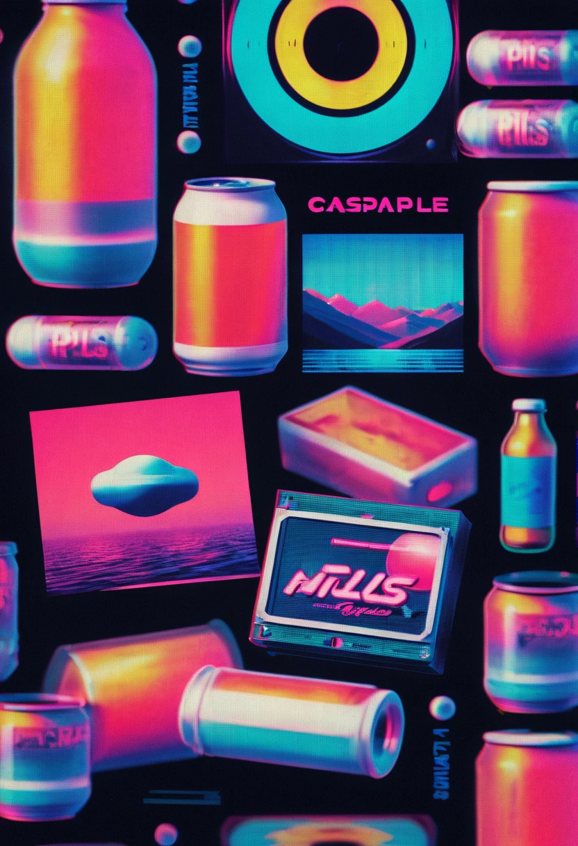 Framed, capsuled, pils, drugs, medicine,80's, vinyl records,Vaporwave Aesthetic style, synthwave,