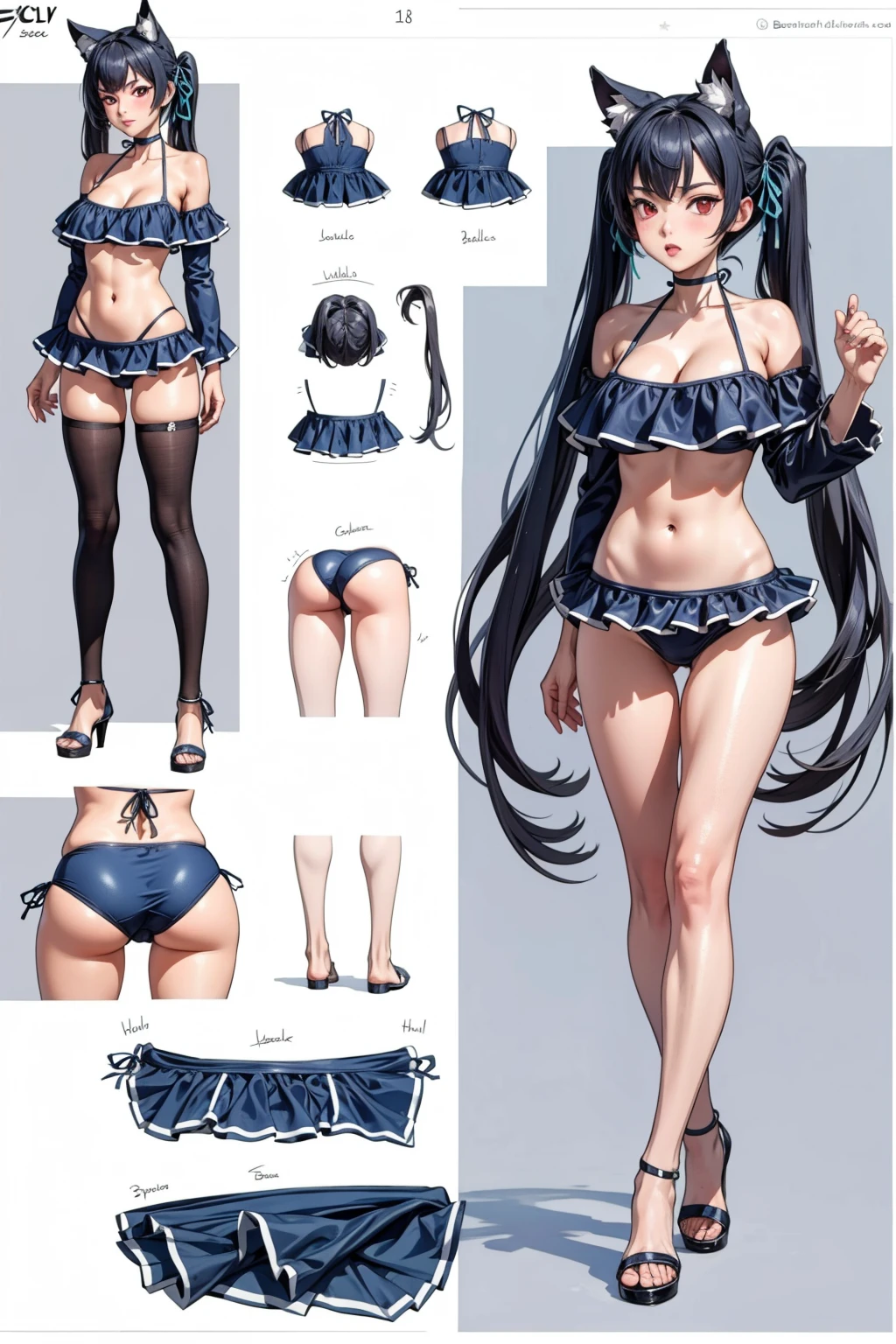 girl, solo, full body, from head to toe, standing, (:1.3), beautiful body, perfect body, nice body,

((Character Design Sheet:1.7, character reference sheet:1.7,)),

baserika, twintails, long hair, hair ribbon, red eyes, off-shoulder , swimsuit, frilled 