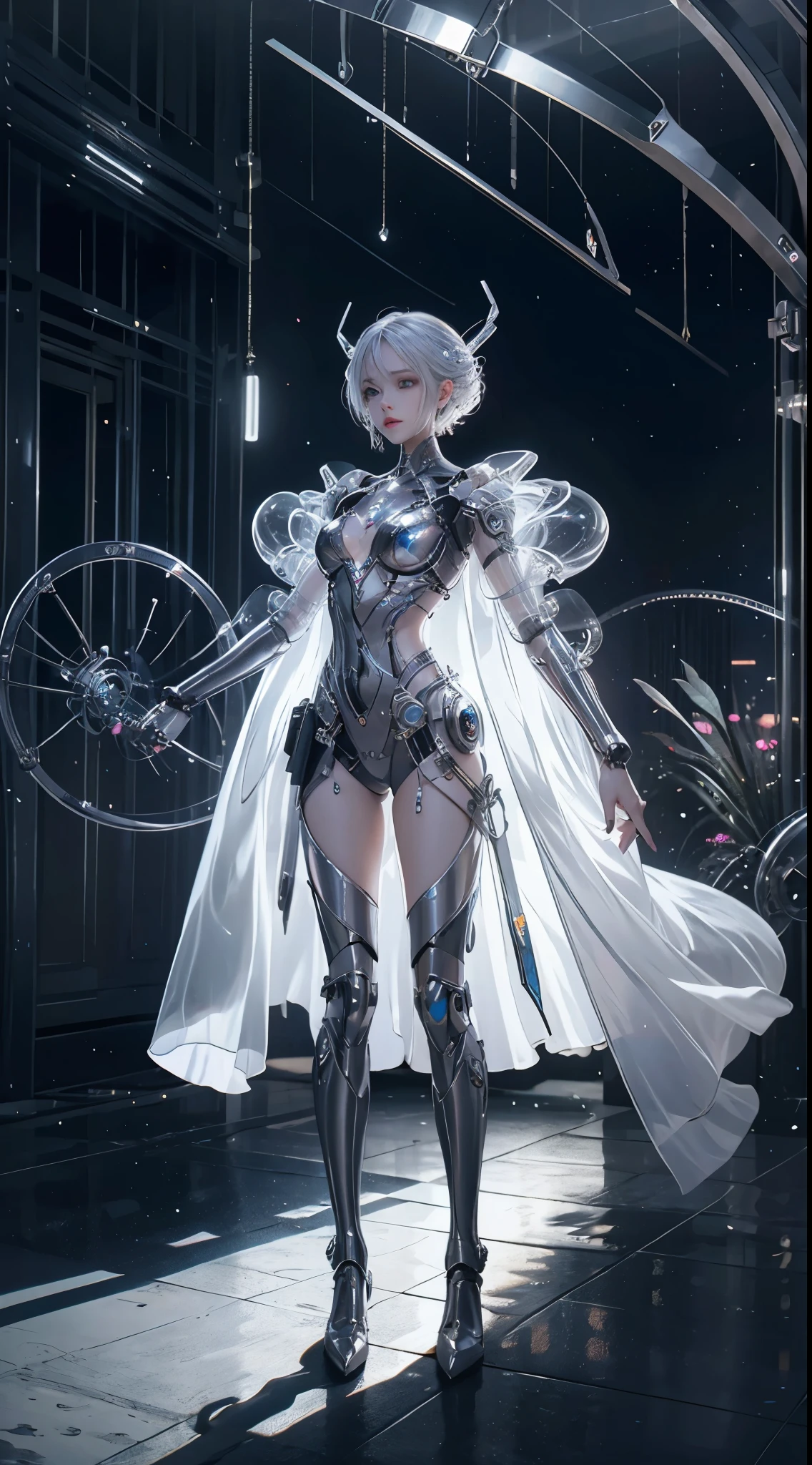 Translucent ethereal mechanical girl,Futuristic girl,Mechanical joint,Future city background