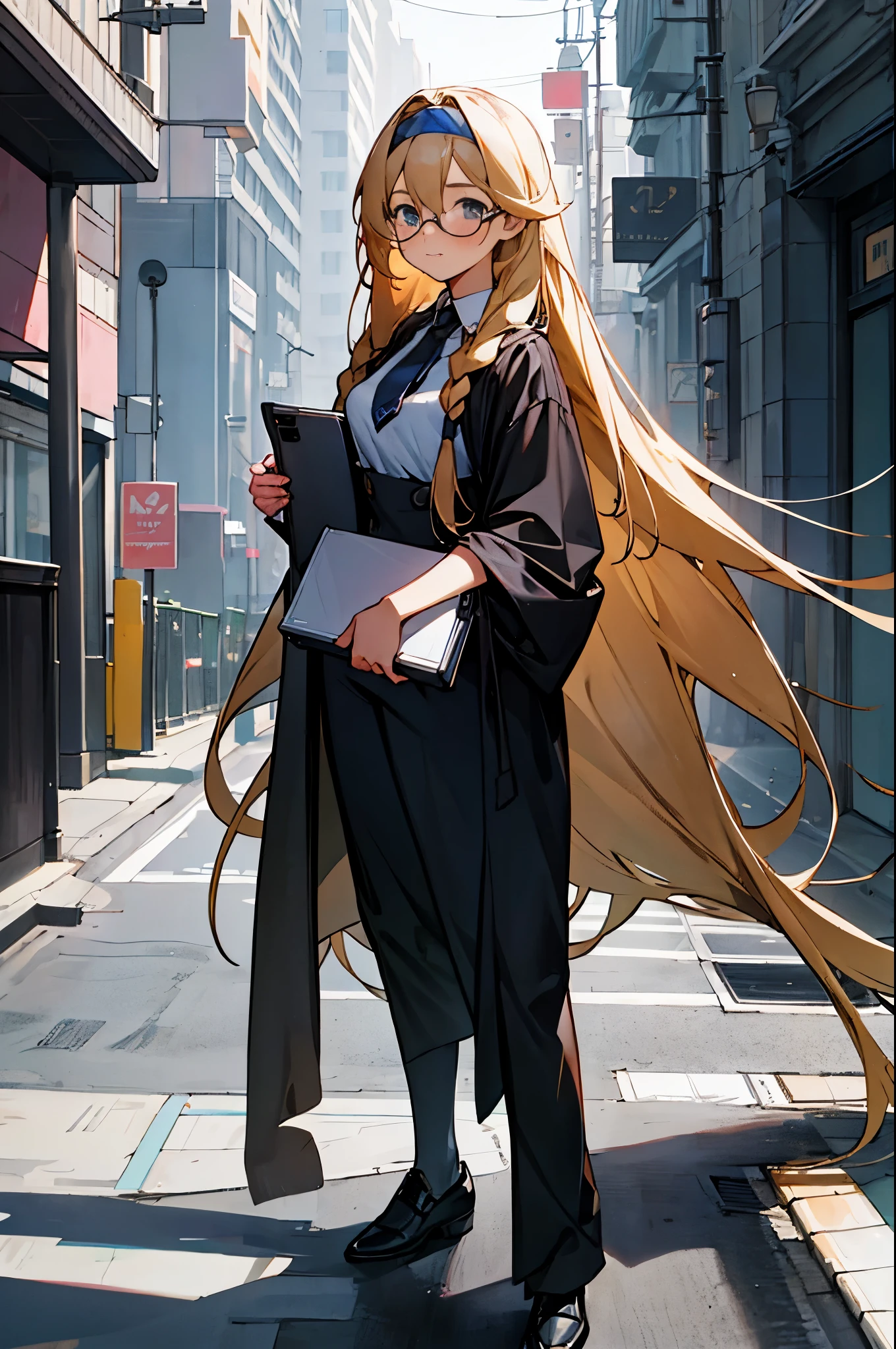 Teenage girl with long hair，on the street，with people coming and going，Carrying a briefcase，Square frame glasses，blush，cute，Black waiter clothing，Coveralls，poster，epic，