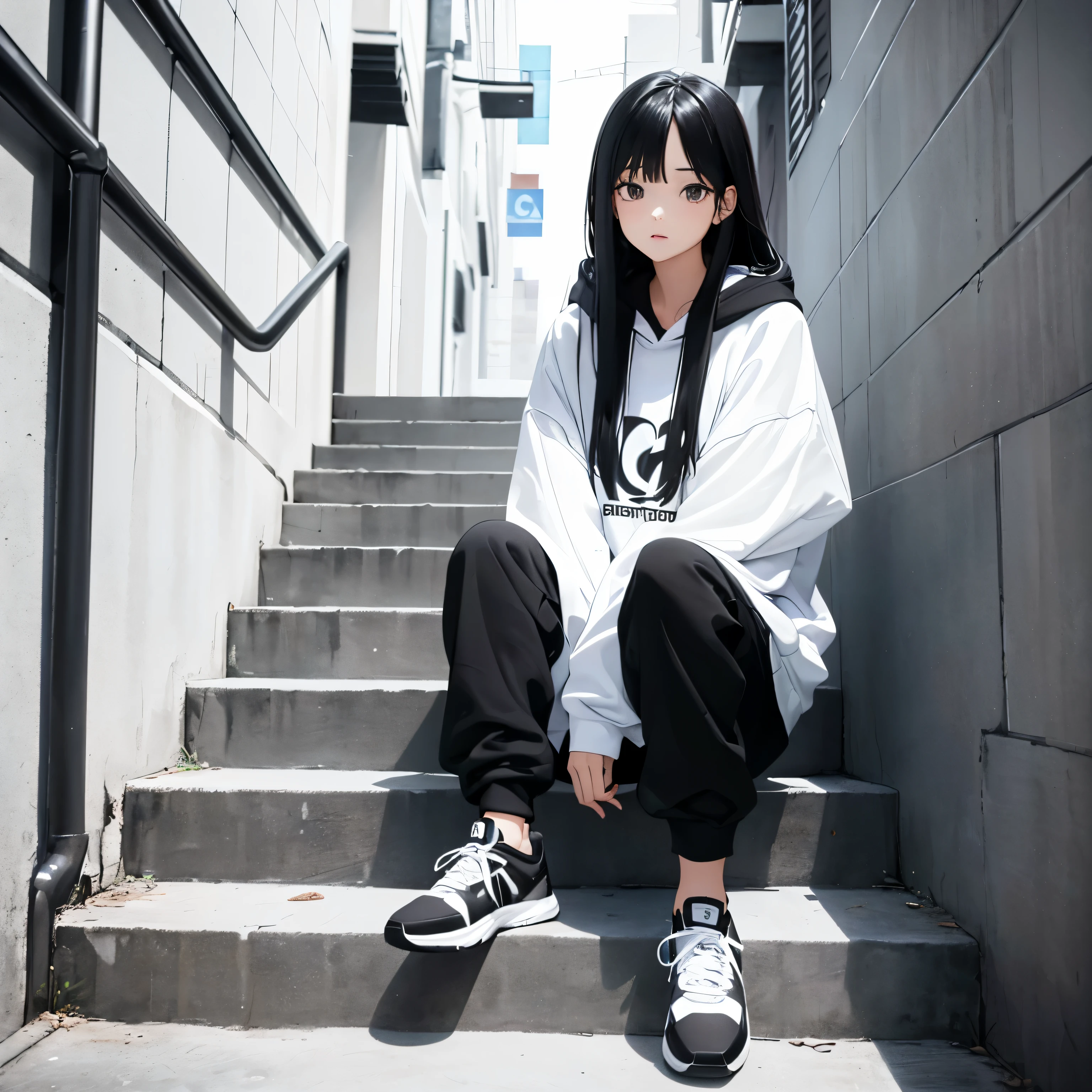 A beautiful and cute girl, long black hair, black and white hoodie, trousers, sneakers, decent, tall, sit, stairs