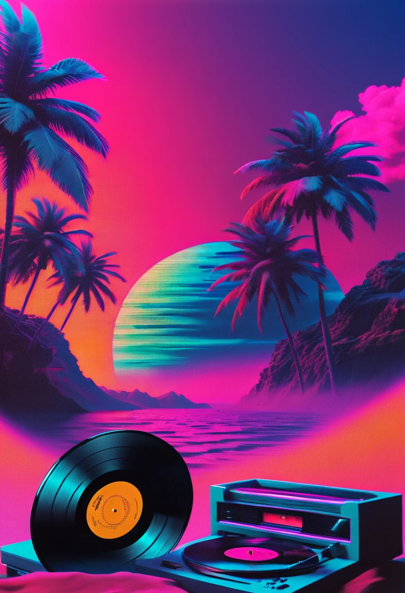 vinyl records,Vaporwave Aesthetic style, synthwave,