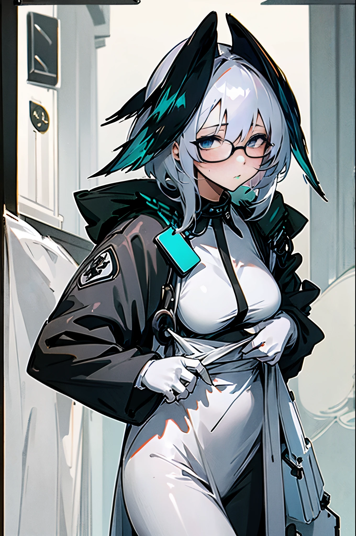 Girl with white hair，on the street，with people coming and going，Carrying a briefcase，Square frame glasses，blush，cute，Black waiter clothing，Coveralls，poster，epic，