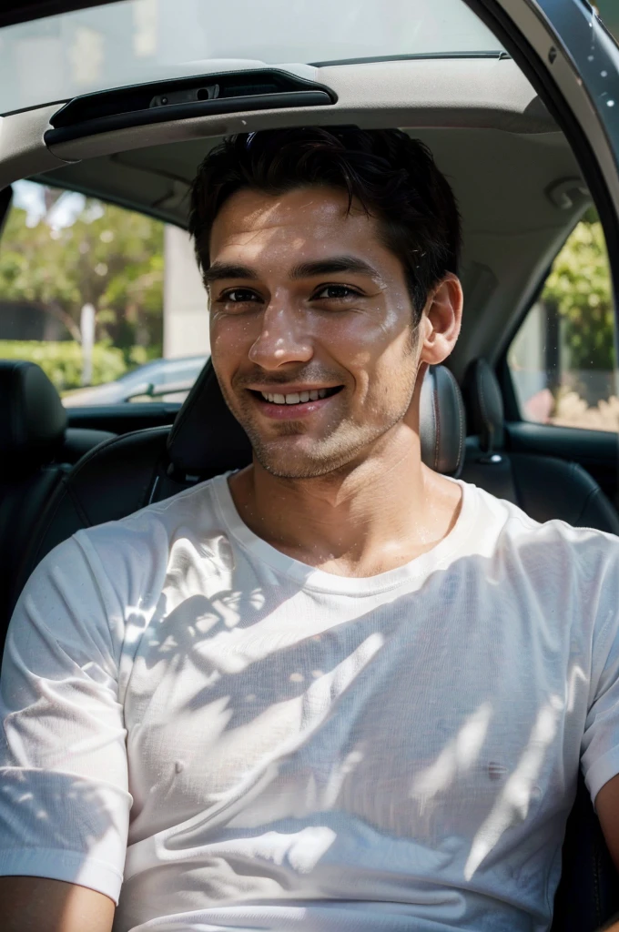 (best quality,highres,ultra-detailed,realistic,photorealistic:1.2),portrait,man in a white shirt,smiling,head shot,30 years old,extremely handsome,happy expression,great posture,strong posture in a car,relaxed,bright lighting on the face,sharp focus,vivid colors,stylish car interior