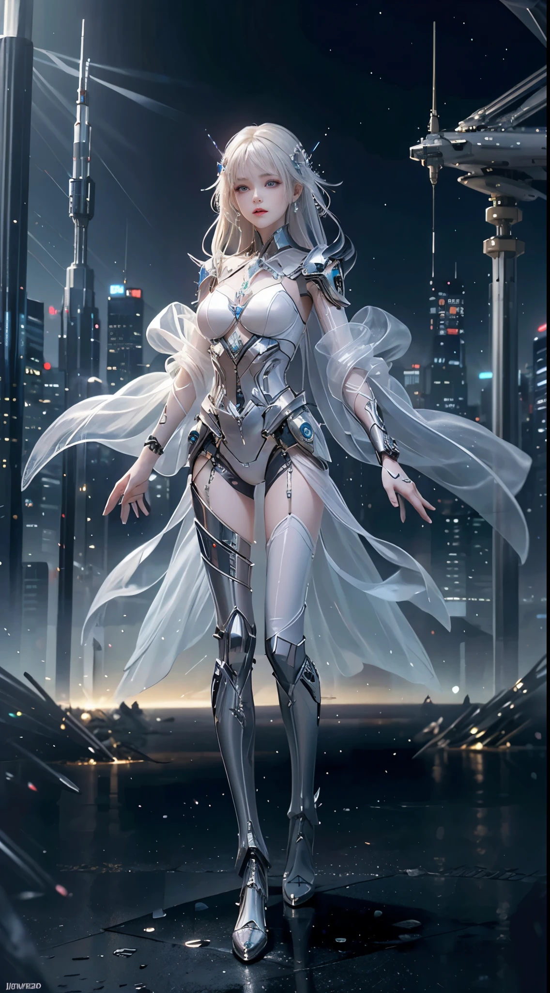 Translucent ethereal mechanical girl，Futuristic girl，Mechanical joint，Future city background