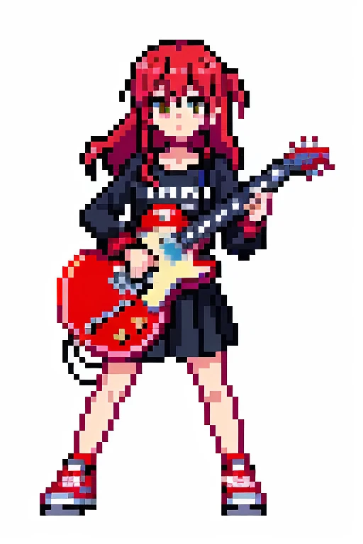 1 girl, Red hair,whole body, Pixel World, No background、holding a blue electric guitar、Les paul、wear sneakers