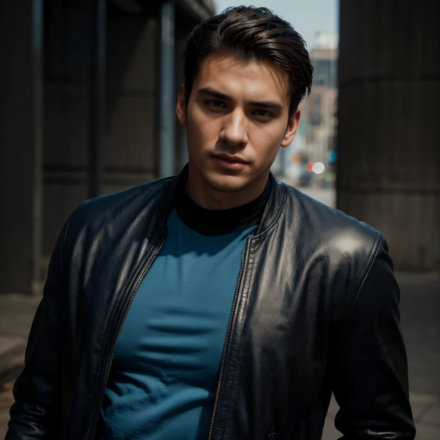 8k image, handsome boy , stylish cloth, realistic face, background related transformation,fashionRAW photo, face portrait photo of handsome 26 y.o man, face, wearing black leather jacket, good looking face, hard shadows, cinematic shot, dramatic lighting,with r15v3 racing blue colour bike