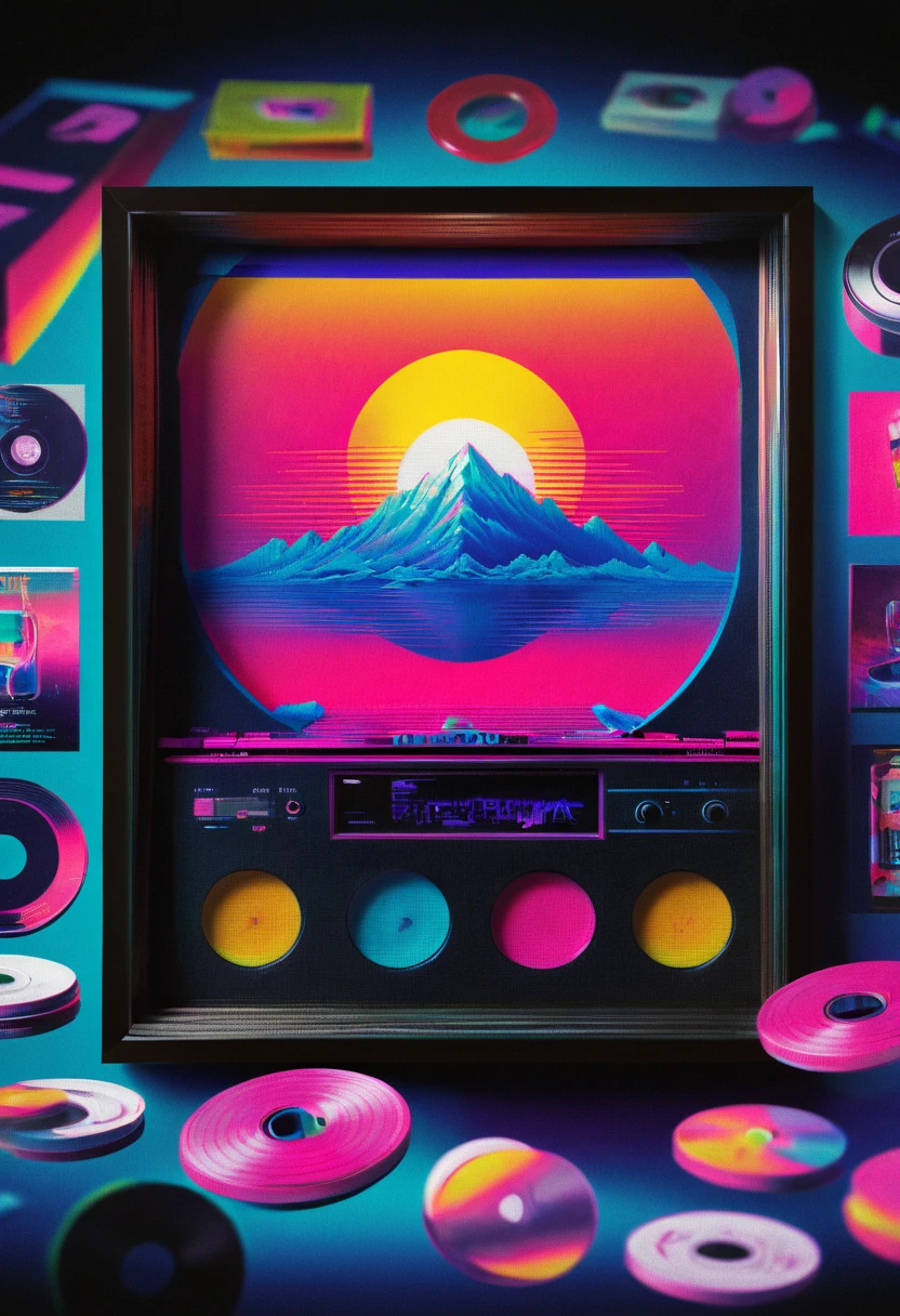 Framed, capsuled, pils, drugs, medicine,80's, vinyl records,Vaporwave Aesthetic style, synthwave,