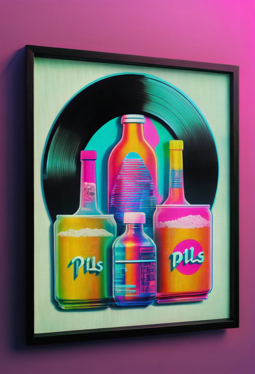 Framed, capsuled, pils, drugs, medicine,80's, vinyl records,Vaporwave Aesthetic style, synthwave,