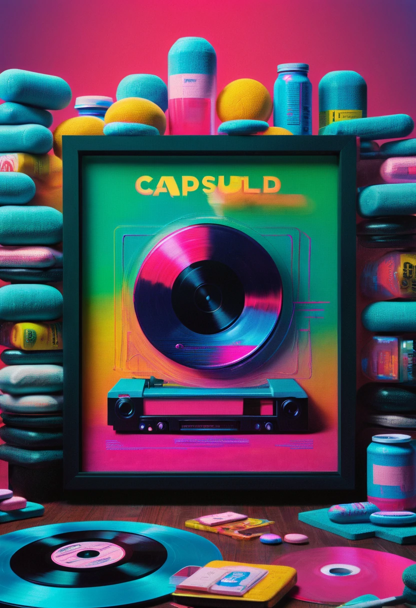 Framed, capsuled, pils, drugs, medicine,80's, vinyl records,Vaporwave Aesthetic style, synthwave,