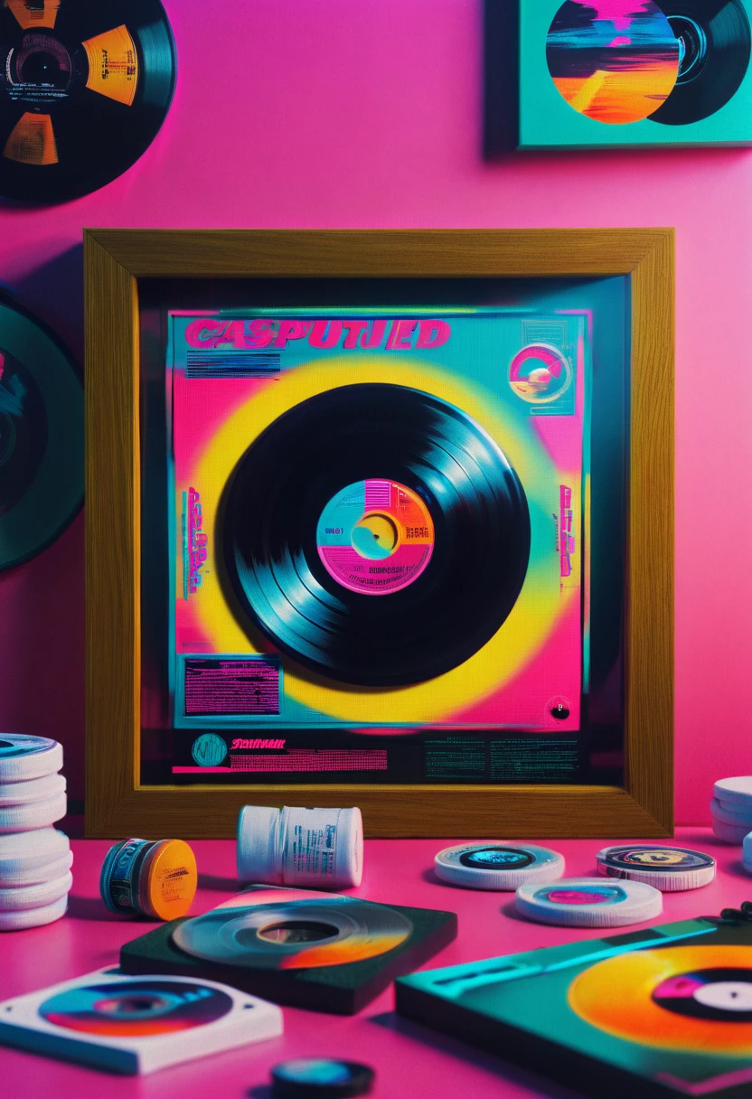 Framed, capsuled, pils, drugs, medicine,80's, vinyl records,Vaporwave Aesthetic style, synthwave,