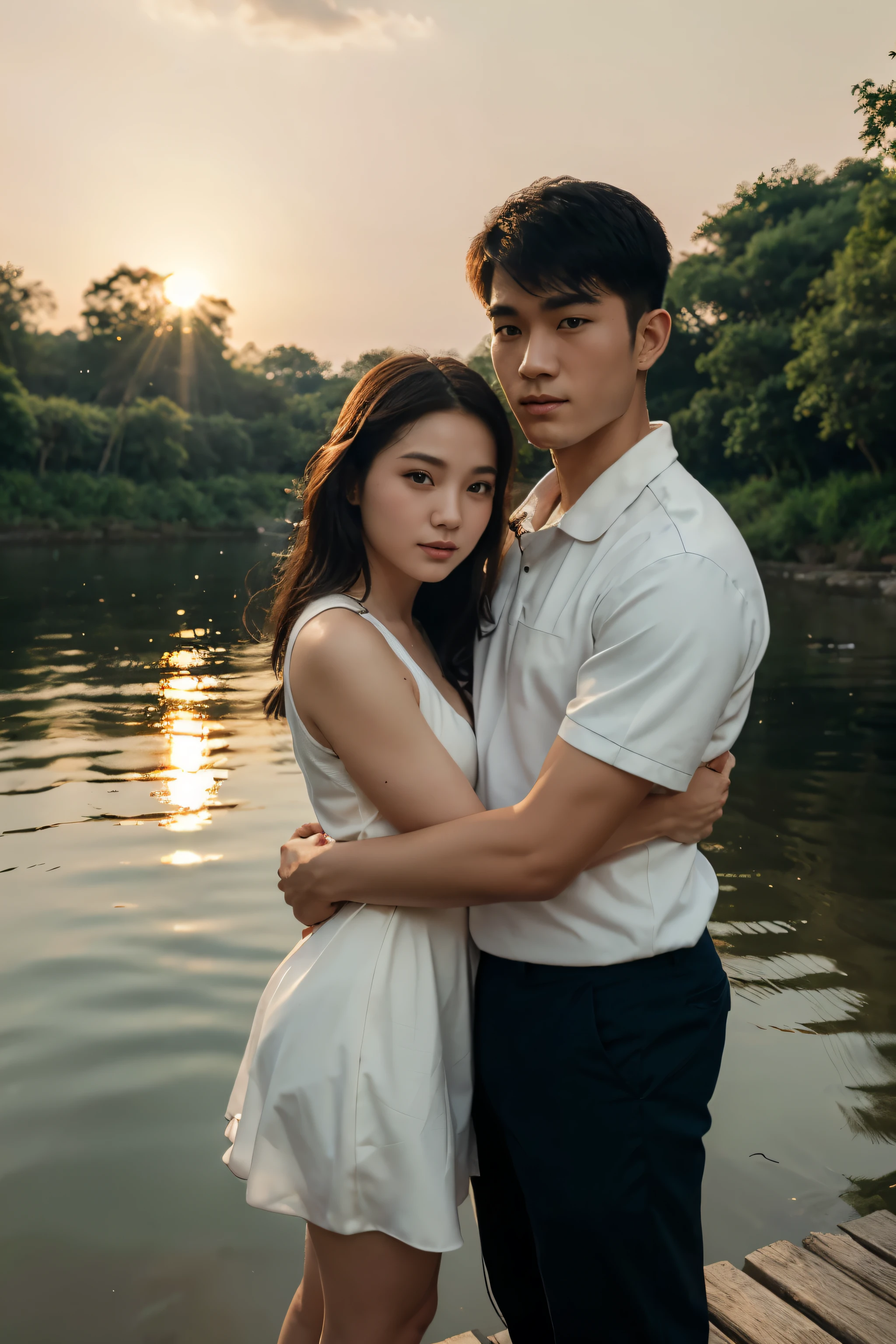 Cartoon image of a man who looks like Wu Lei The woman is , white, shorter than the man. Standing hugging each other on the river bank The sun is going down The river has boats passing by..